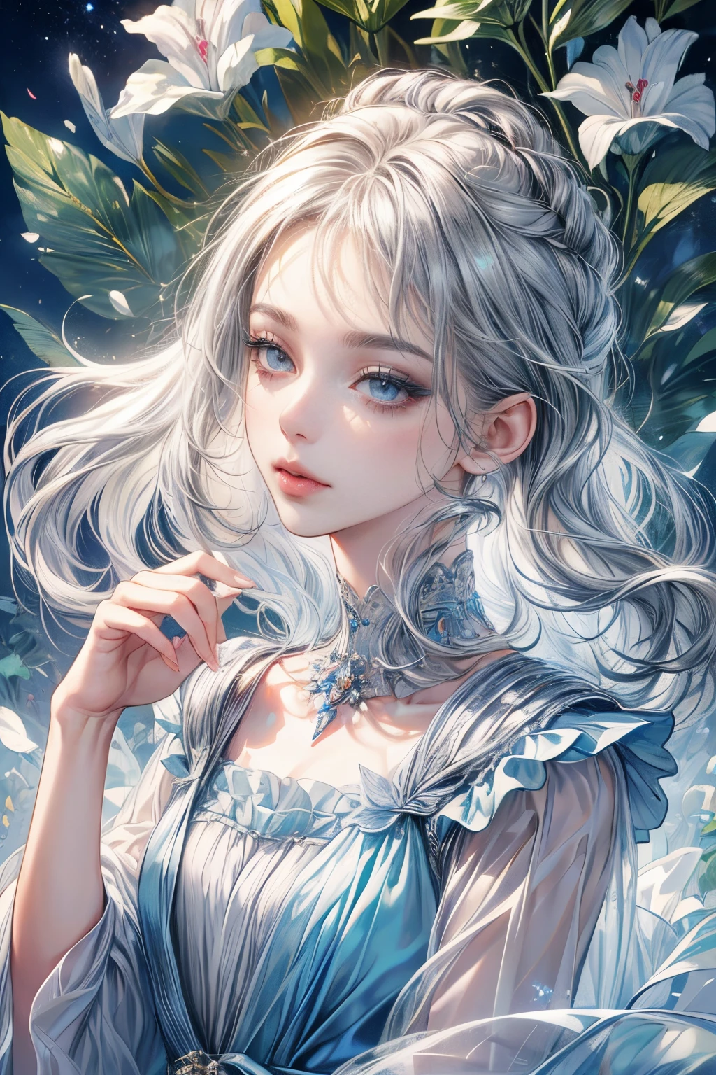 (best quality:1.4), (masterpiece:1.4), ultra-high resolution, 8K, CG, exquisite, upper body, lonely, thumb girl, little princess, blue taffeta court dress, forest background, detailed facial features, silver gray hair, almond eyes, detailed eye makeup, long eyelashes, gray eyes with starry gaze, intricate lip details, soft and harmonious style