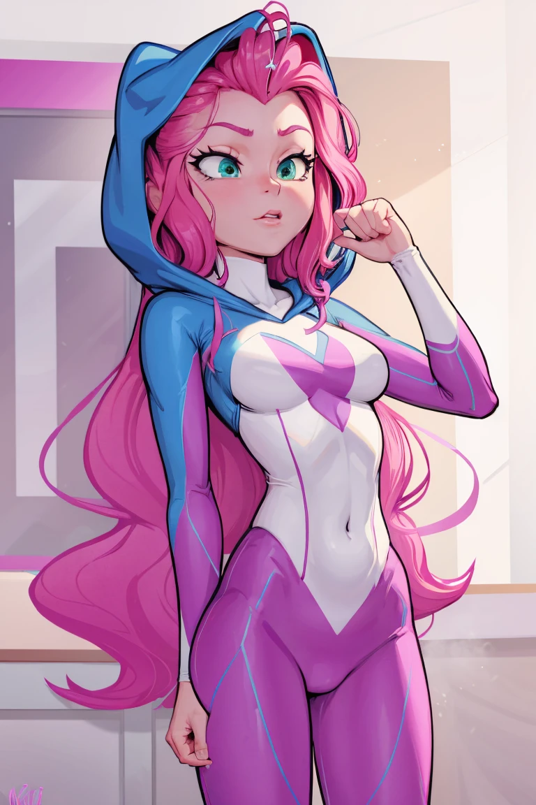 Pinkie pie wearing spidergwen costume, spidergwen costume, mlppinkiepie, spidergwen costume, green eyes, hooded bodysuit