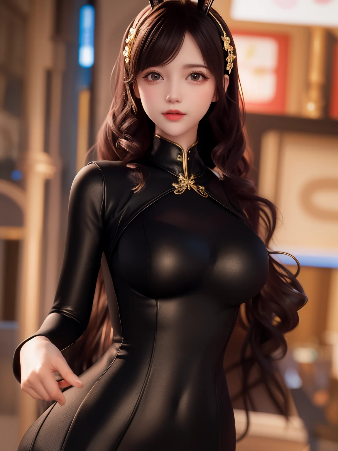 Woman with ,golden curly hair,black tight dress, black hair,rabbit ears
