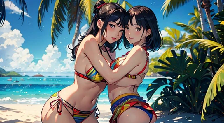 ​masterpiece、top-quality、超A high resolution、 [ 4 k digital art ]!!、 8k high quality detailed art、Wallpaper、 Detailed Digital Anime Art、Realisticity、Cinema Angle、hposing Gravure Idol、(((Two beautiful girls)))、((hug your partner))、cute  face、 ((Detailed depiction of a beautiful face))、kindly smile、年轻、Bikini swimwear、Photorealistic perfect body、(Bold ethnic patterns wrapped around the waist and skirt and plenty of primary colors)、light Particle、llight rays、Tropical、Against the background of palm trees on both sides、on a sunny beach、Against the background of the sea、blur backgroun、