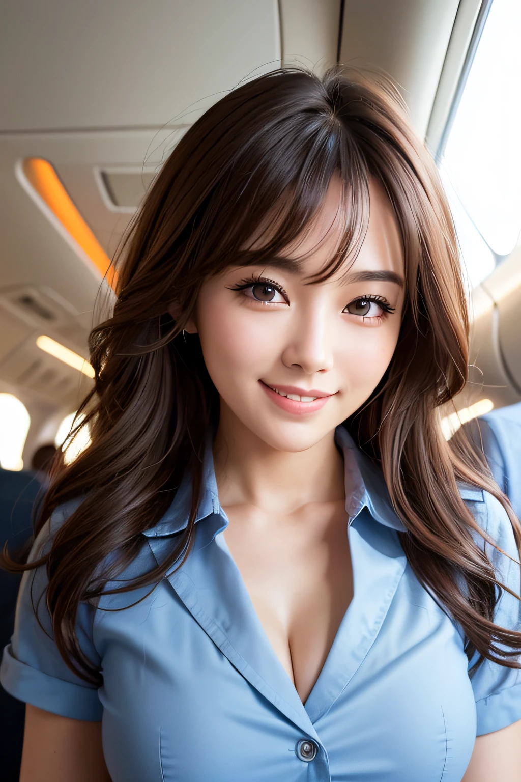 (Highly detailed CG Unity 8k wallpaper, of the highest quality, Ultra-detailed, High resolution, masutepiece, Realistic, Photorealistic:1.5), (cute Japanese girls), extra detailed face, Face Focus, Beautiful detailed eyes, Eye focus, (Detailed background), detailed clothes, super detailed skin, BREAK, Flight attendant, Planes, Provision of services to passengers, Provide safety precautions, Response to emergencies, BREAK, Midi wavy hair, Brown hair, Floating hair, medium breasts, medium ass, (make up), (Adorable smile:1.3), (POV:1.6),