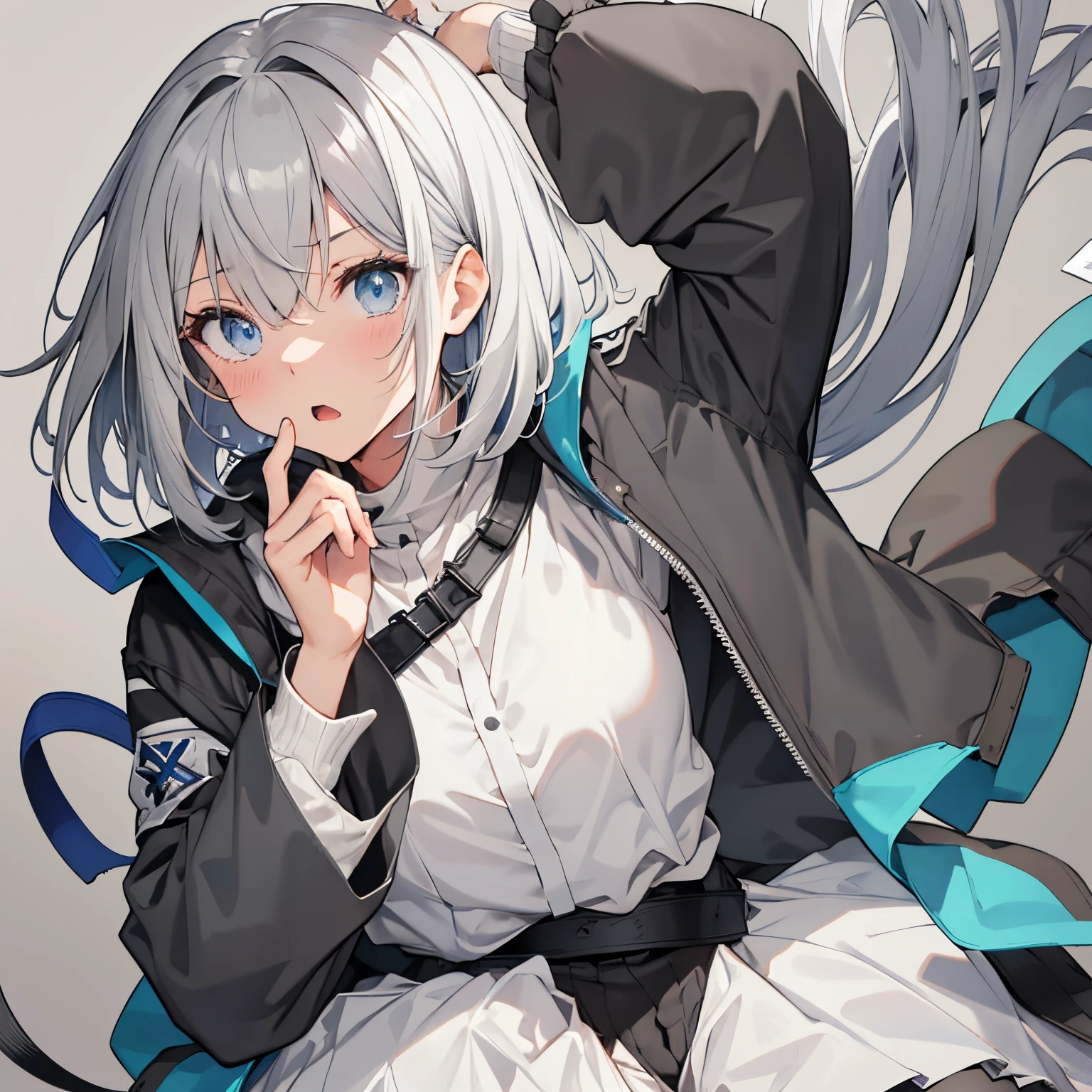 【Highest Quality, masutepiece】 [girl, Manteau, expressioness, skyblue eyes, front facing, Black hair, Slender beauty,straight haired, short hair ,jacket,breastUpper body] (Gray white background:1.5), Surprised,