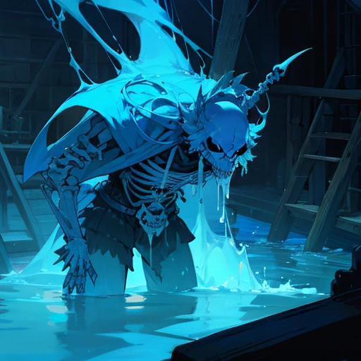 Pirate skeleton monster with glowing blue fucking a fem boy, pirate, captain’s quarters, intense, white liquid,