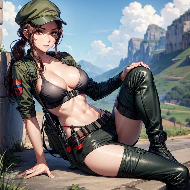Sniper mulher, militar,sex,with sniper in hand,cabelo preto e curto,botas,blusa militar,half pants,maio