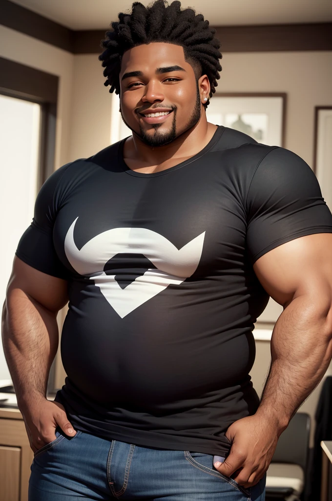 handsome and beautiful chubby black man smirking with natural twist hair half body shot wearing a black t-shirt and jeans