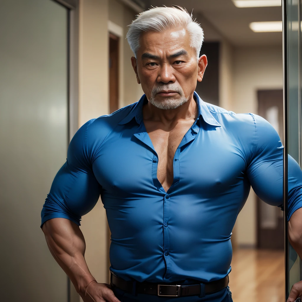 hyperalistic picture of muscular 10 years eas Asian old boy wearing unbottoned blue shirt --auto --s2