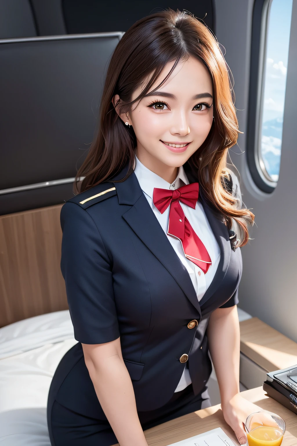 (Highly detailed CG Unity 8k wallpaper, of the highest quality, Ultra-detailed, High resolution, masutepiece, Realistic, Photorealistic:1.5), (cute Japanese girls), extra detailed face, Face Focus, Beautiful detailed eyes, Eye focus, (Detailed background), detailed  clothes, super detailed skin, BREAK, Flight attendant, ((Adorable flight attendant uniform)), Planes, Provision of services to passengers, Provide safety precautions, Response to emergencies, BREAK, Midi wavy hair, Brown hair, Floating hair, medium breasts⁩, medium ass, (make up), (Adorable smile:1.3), (POV:1.6),