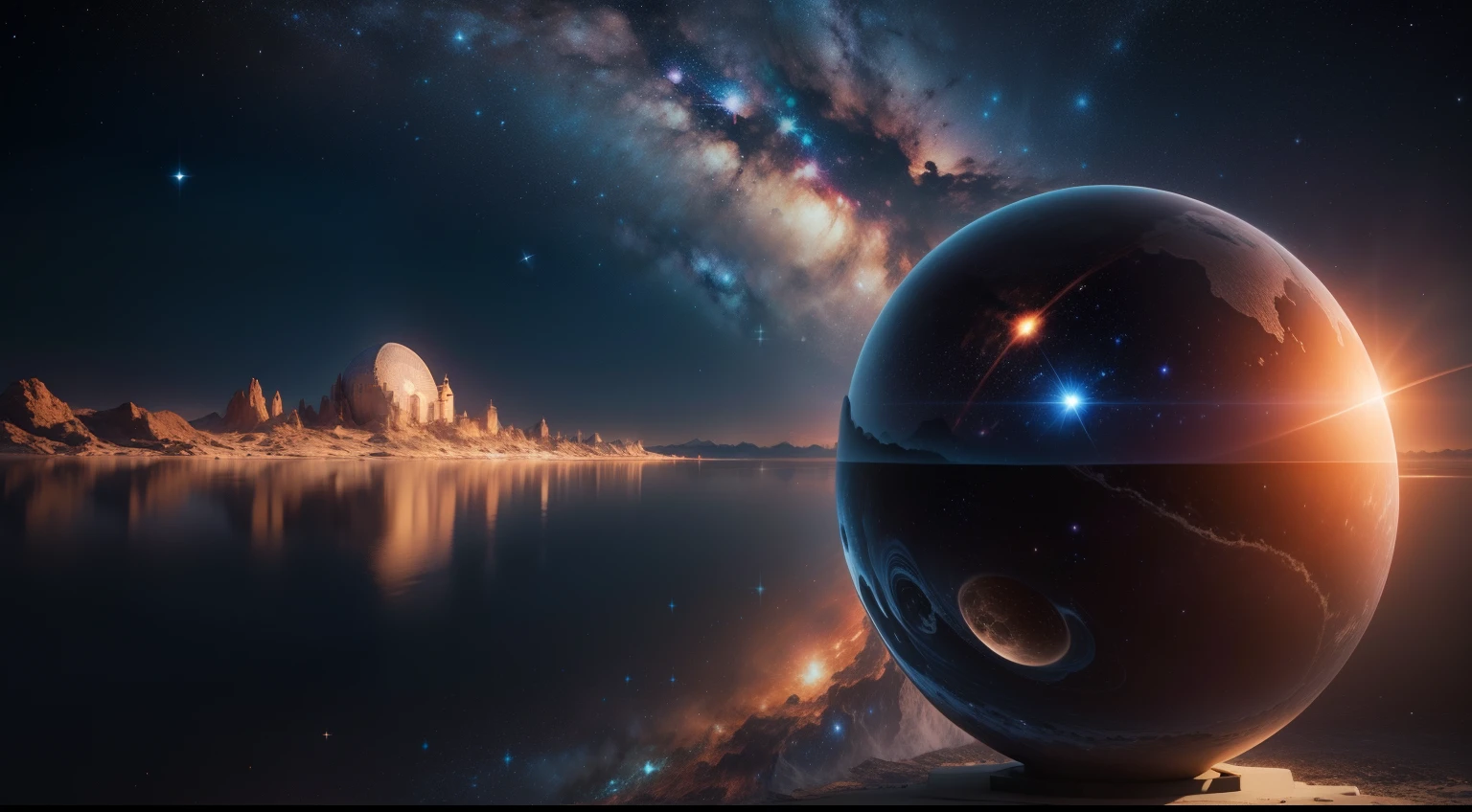 Build a realistic 3D concept that covers the essence of this sentence "Astronomy is the scientific study of celestial bodies, Twinkling stars in the night sky々from a、To the vast galaxy that fills the universe. It's a quest to understand the greatness of the universe, its origin, and our place in it."
