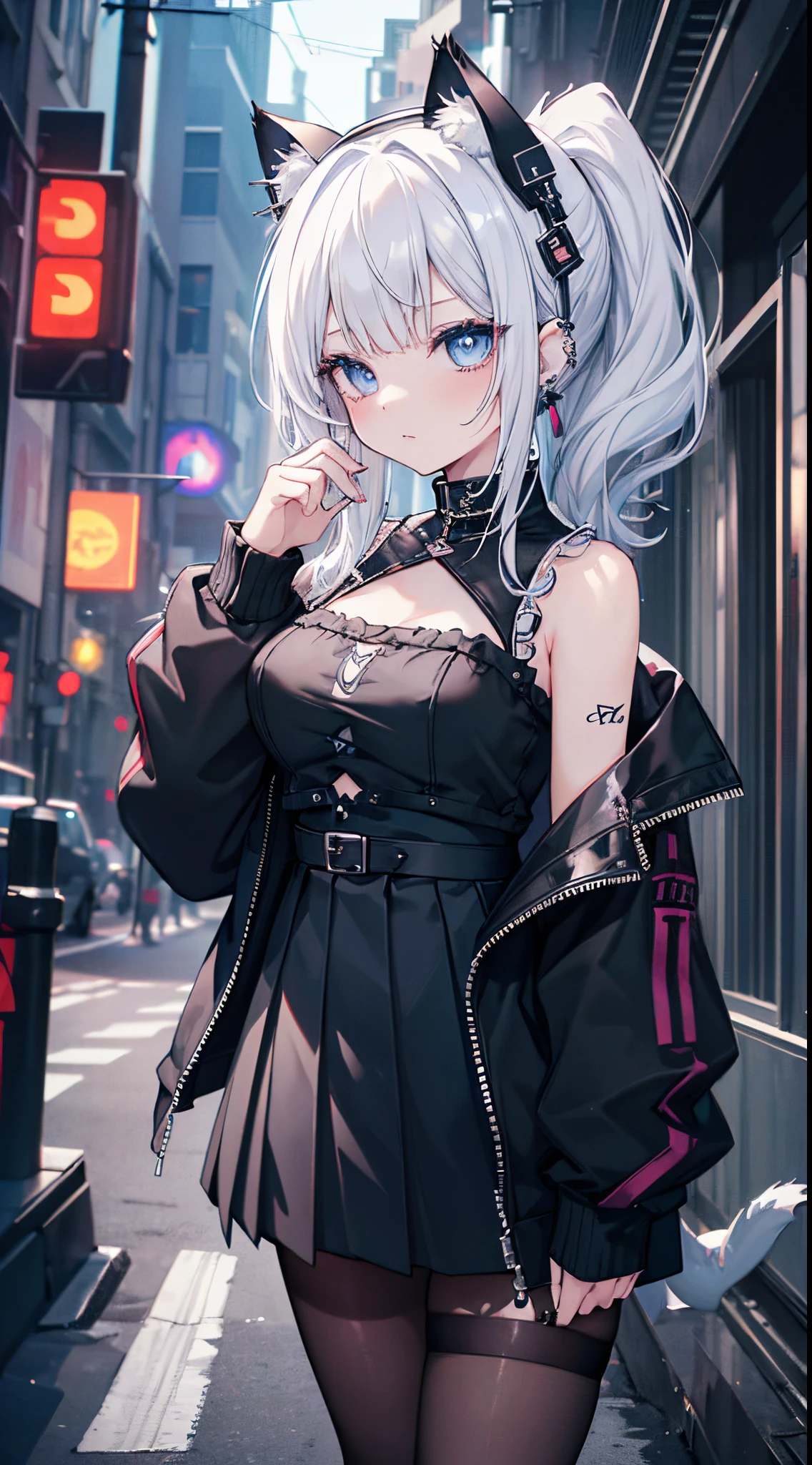 (8K、Top image quality、top-quality、​masterpiece) 、Gothic Punk、1 girl in、White hair、poneyTail、Blue eyes、piercings、Cat Ear Headgear、Moderately breasts、White camisole、Black jacket、Black Mini Pleated Skirt、fish net pantyhose cowboy shot、Neon Street Background