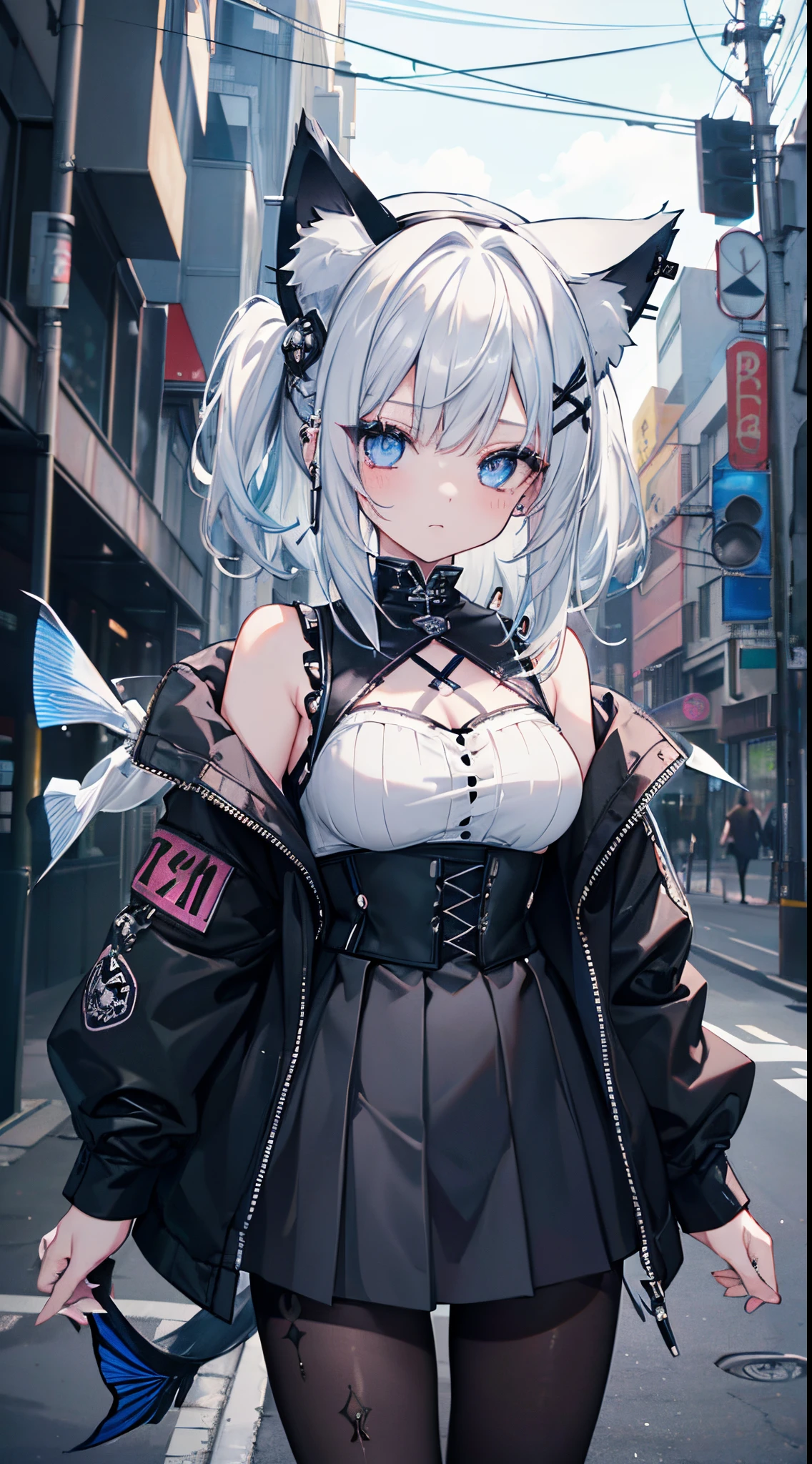 (8K、Top image quality、top-quality、​masterpiece) 、Gothic Punk、1 girl in、White-haired twin-tailed、Blue eyes、piercings、Cat Ear Headgear、Moderately breasts、White camisole、Black jacket、Black Mini Pleated Skirt、((fish net pantyhose))、POV、cowboy  shot、Neon Street Background