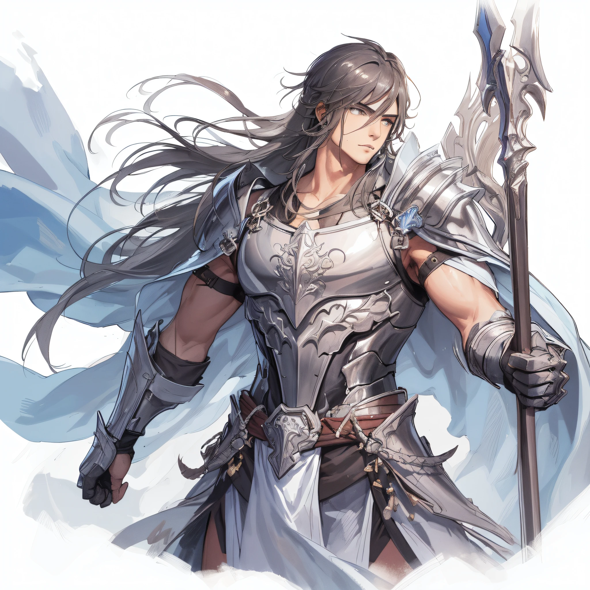a close up of man, warrior holding a spear upright, long hair, armor