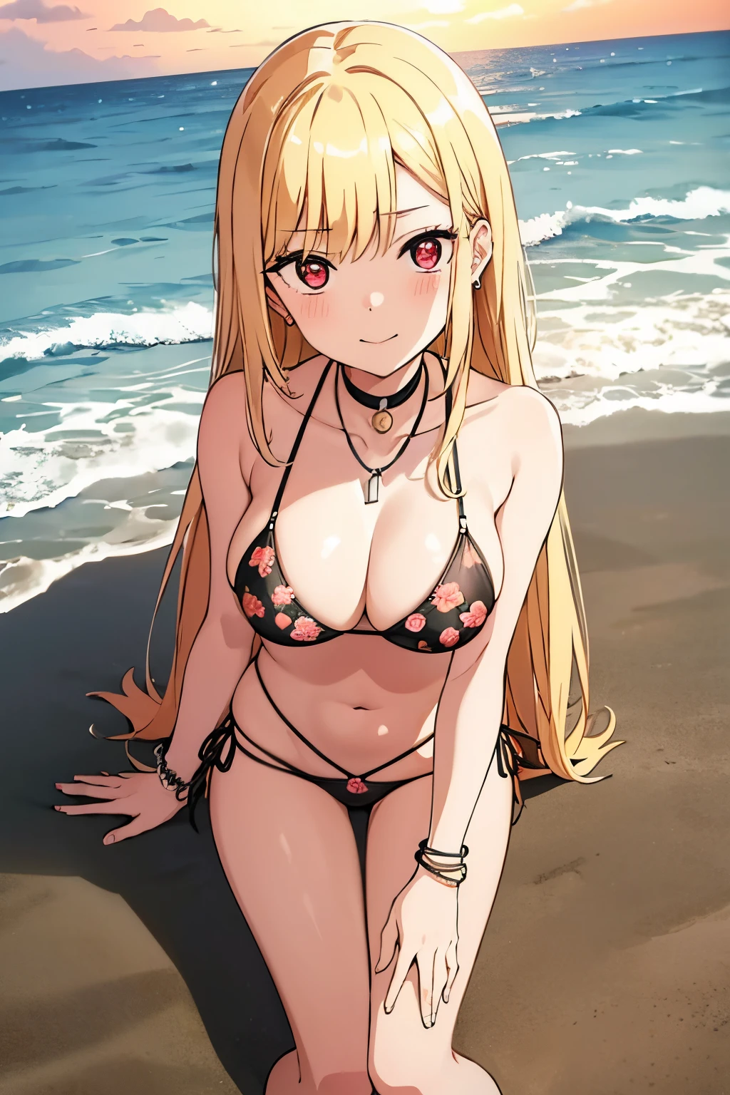 Masterpiece, Best Quality, High Resolutions, Kitagawa Marin, 1girl, alone, blonde hair, Long hair, hair with pink tips, red eyes, jewelry, necklace around the neck, choker, black bikini, light yellow floral print, black bra , black thong, big breasts, medium waist, medium hips, wide thighs, bracelet, side tie bikini, cowboy shot, beach, sea, on all fours in sand, smile, closed mouth, seductive, embarrassed, excellent hands, excellent anatomy , sunny, sunset, good lighting