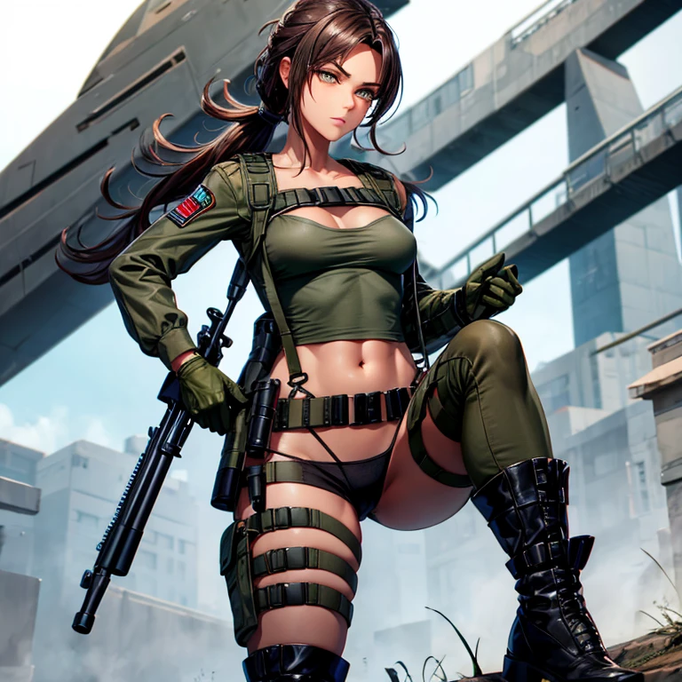Shingeki no Kyojin, soldiers, brown-green uniform, full body, long hair waving in wind, round breasts, long legs, metal carved top, detailed eye, strong sense of three-dimensional, by Hayao Miyazaki or Chesley Bonestell for the cover of Heavy Metal magazine, equipment enables the user to fight in a 3D space as opposed to a 2D one. The equipment itself takes the form of a body harness that encompasses much of the body below the neck. Although the equipment can grant a skilled user tremendous mobility, it is a demanding art that requires strength, and skill, both of which must be honed through constant practice. Some tools involved in the apparatus include: Hand grips and Piston-shot