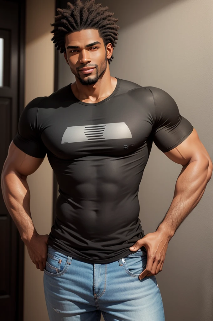 handsome and beautiful tall thick black man smirking with natural twist hair half body shot wearing a black t-shirt and jeans