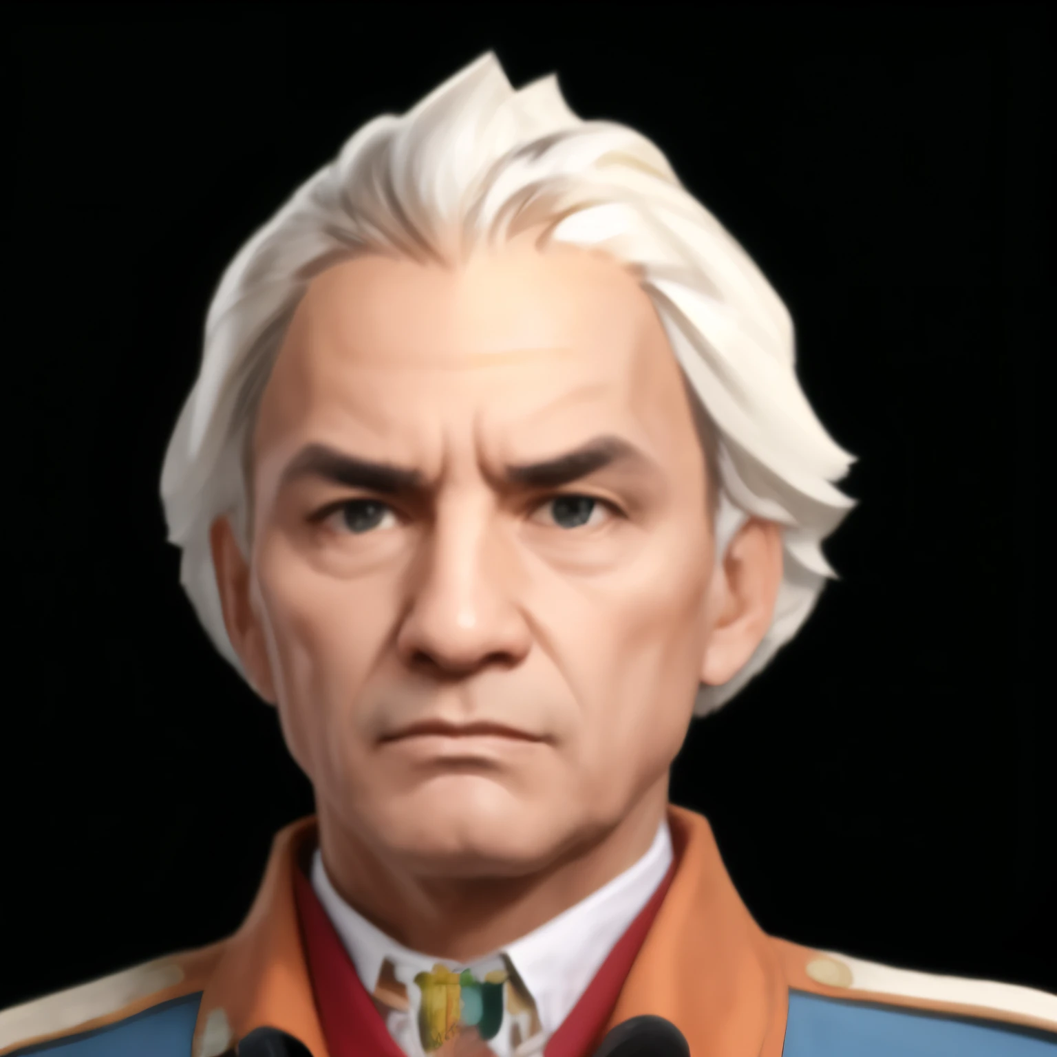 One wears、Close-up of man holding microphone, royal portrait, portrait of iron heart, iron heart portrait style, General Grievous, portrait of a mad general, avatar images, Inspired by Adolf Ulrich Wehrmuller, bust, cinematic bust portrait, symmetrical portrait RP portrait, Unreal 5. RPG portrait, Sid Meier