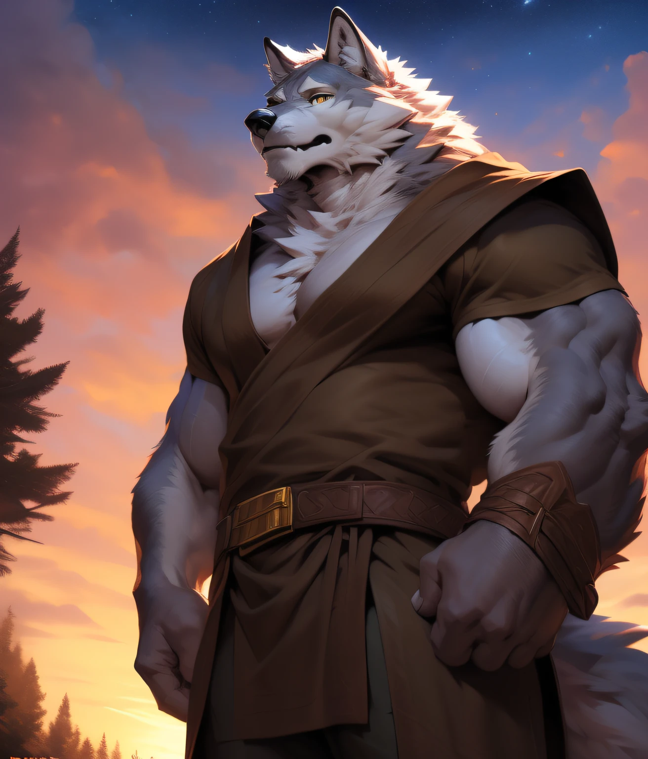 puesta del sol. albino, lobo, en sombras parciales, brown coat. brown dress, 4k, High resolution, La mejor calidad, colores perfectos, Sombras perfectas, Perfect lighting, Publicado en E621, cuerpo peludo, lobo albino, piel albina, piel albina, Only, masculino, , Masculino, (fuerte, macho musculoso:1.2), anatomy correct, (Piel fotorrealista, Piel detallada, epopeya, Obra maestra:1.2), (Dark Fantasy World Background, trees, cielo negro, puesta del sol, Estrellas visibles en el cielo), ( por Taran Fiddler, por chunie, por Traver009, por WFA:1.1), (pantalon de tela marron, belt with brass buckle:1.2), (ojos detallados, Ojos dorados:1.2), (medio cuerpo:1.1), Cara seria, eyes full of wisdom, apariencia amable, postura fuerte, orgulloso, Sombras suaves, Mirando al espectador, (brazos a los lados piel, rudo, ropa, slightly open tunic. tunic. vestimenta.