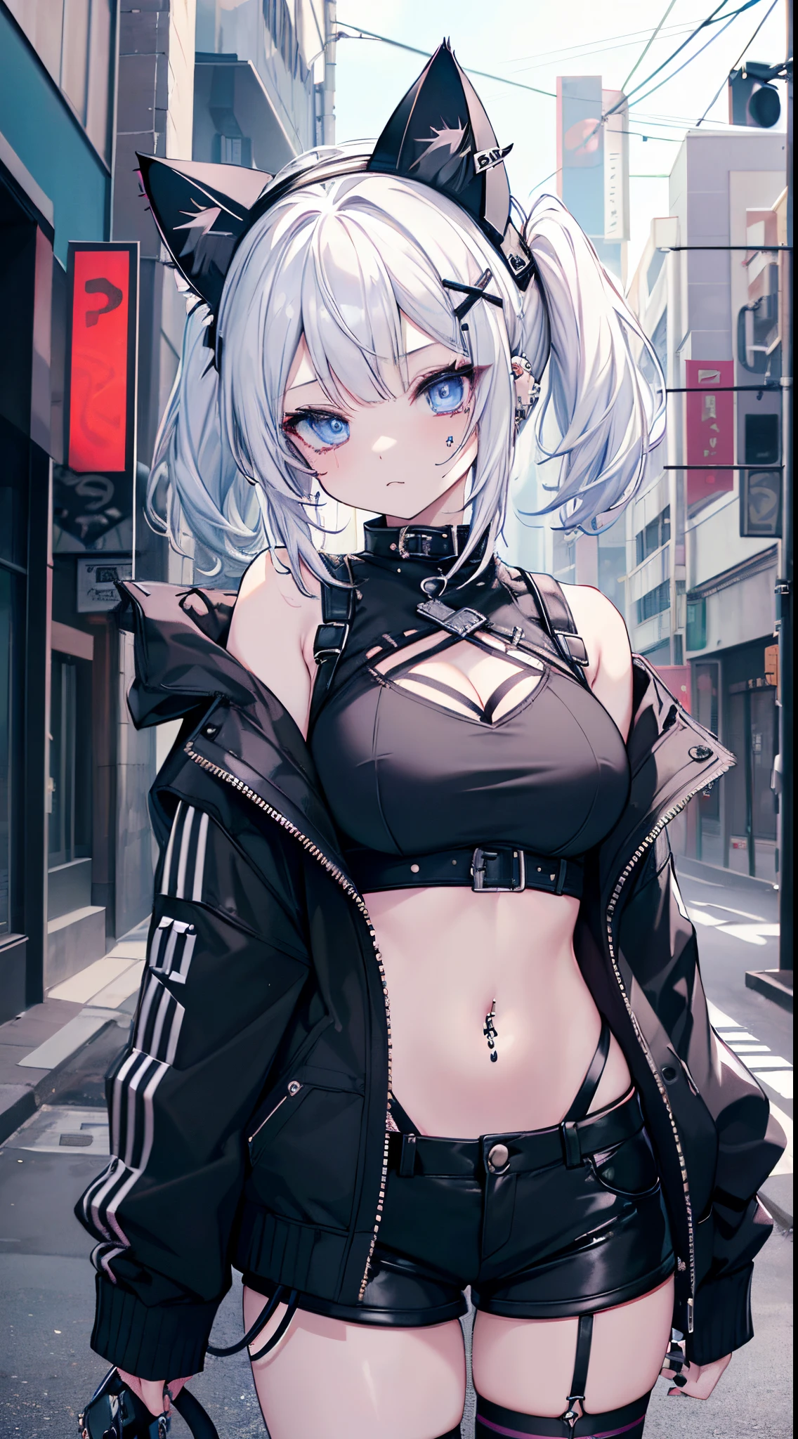 (8K、Top image quality、top-quality、masterpiece) 、Gothic Punk、1 girl in、White-haired twin-tailed、Blue eyes、piercings、((Cat Ear Headgear))、Moderately breasts、White tube top、navel、Black jacket、black short shorts、POV、cowboy shot、Neon Street Background