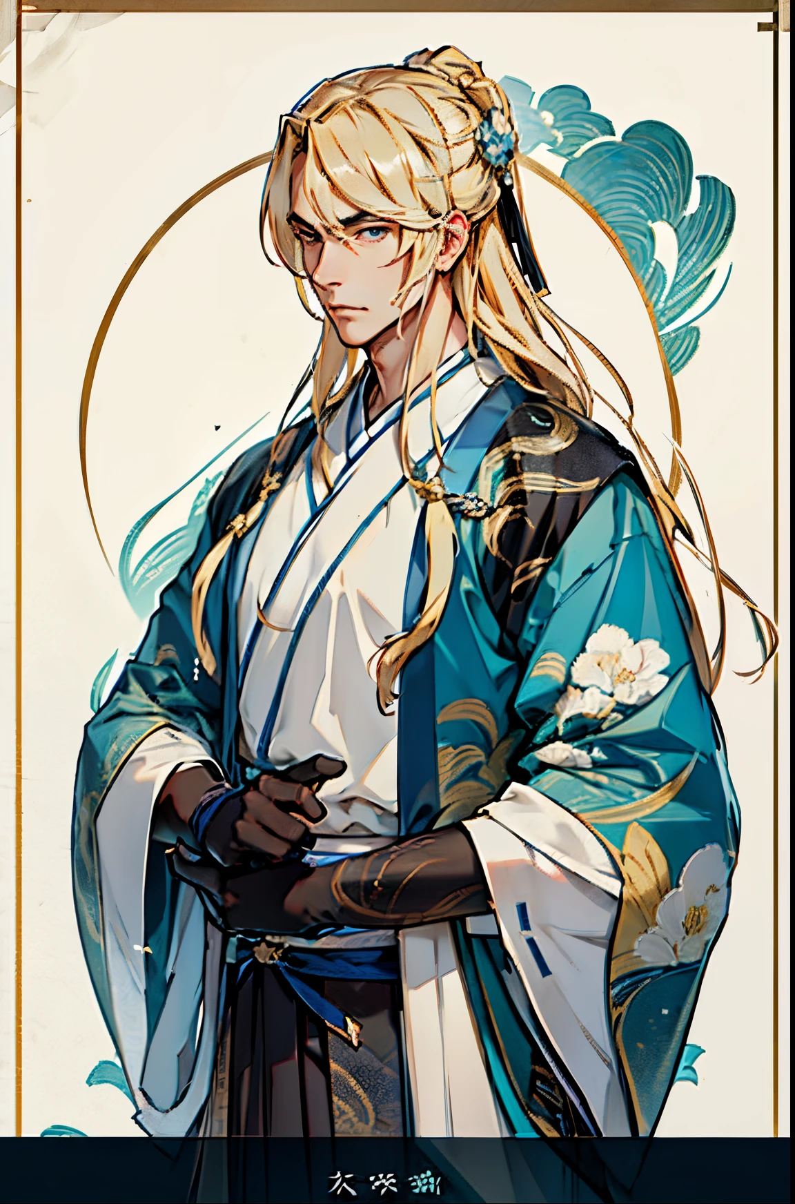 handsome young man, long blonde hair, serious expression, smart, LONG black gloves,blue and white male hanfu, ancient china, flat background, masterpiece,masterpiece