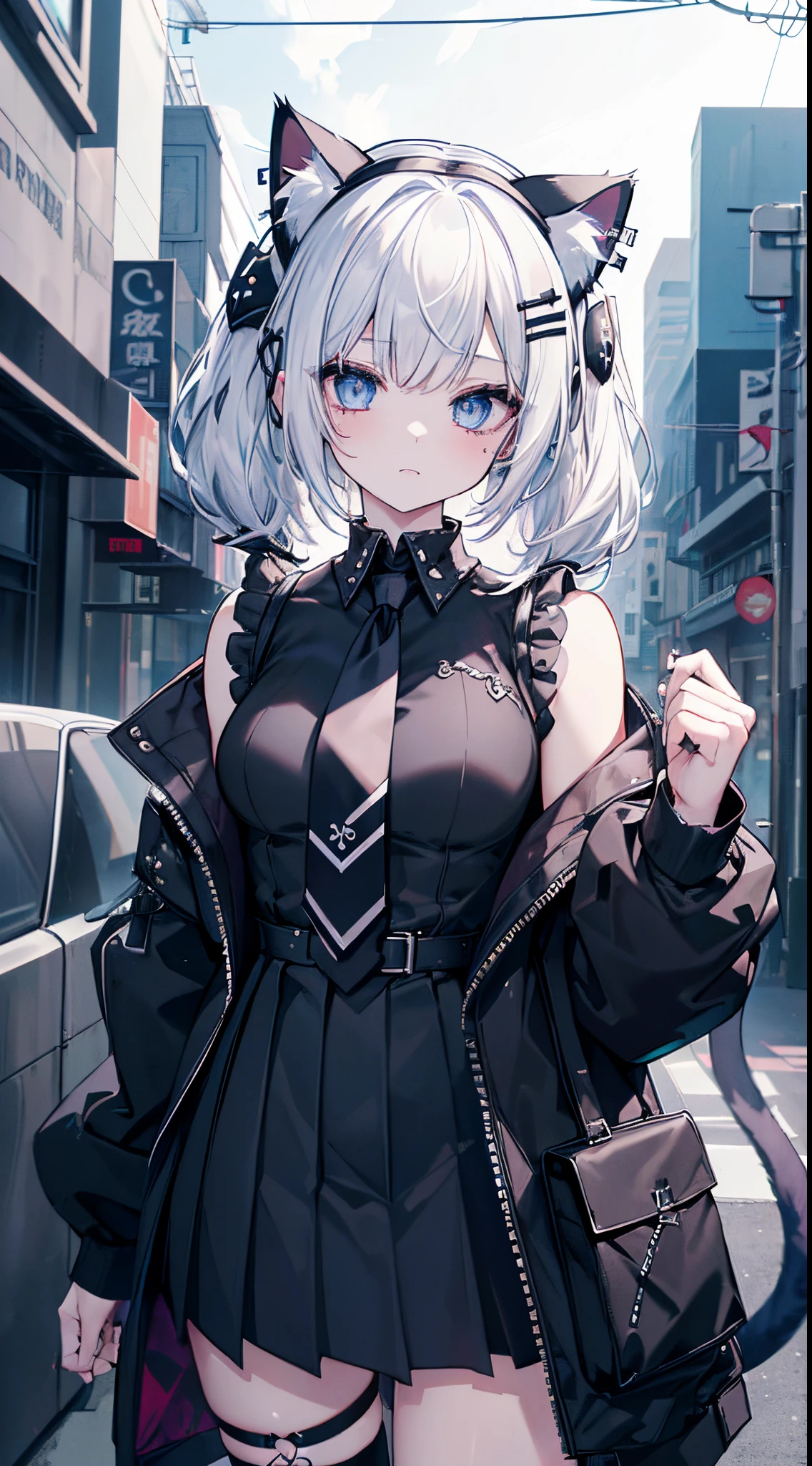 (8K、Top image quality、top-quality、​masterpiece) 、Gothic Punk、1 girl in、White-haired twin-tailed、Blue eyes、piercings、((Cat Ear Headgear))、Moderately breasts、Black shirt、sleeveless、white necktie、Black jacket、Black Mini Pleated Skirt、Taken from below、cowboy  shot、night neon city background