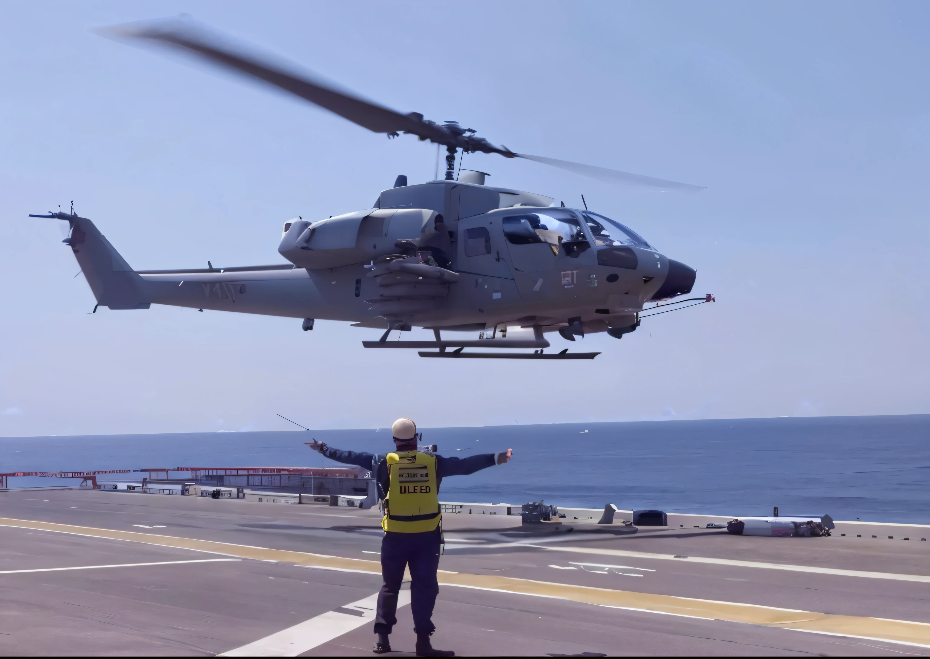 Arafed helicopter on the deck of a ship flying over the water, On an aircraft carrier, victorious pose, On the landing pad, helicopter launch, Helicopter Drone, helicopter, helicopter, award-winning shot, award - winning shot, Photo Shot, by Ken Elias, Dramatic shots, air support, Beautiful shots, profile shot, heliport, breathtaking shot, Great shots