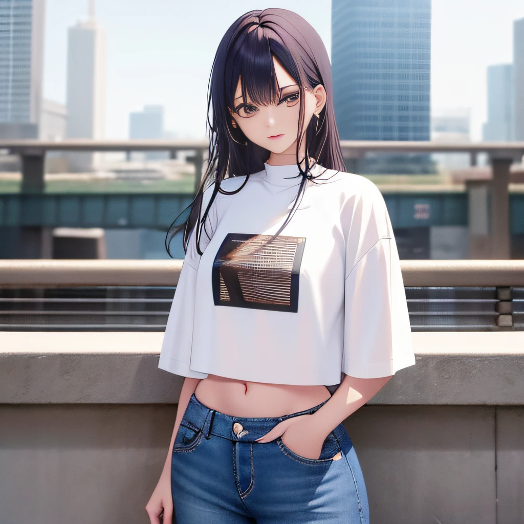 Fide woman wearing white shirt and jeans posing for photo, ripped cropped T-shirt, Korean fashion model, She was seen wearing street clothes, wearing a crop top, photo of slim girl model, Woman in streetwear, Korean girls, Crop top, casual clothing style, jinyoung shin, Cute casual streetwear, Roseanne Park by blackpink, blackpink jennie
