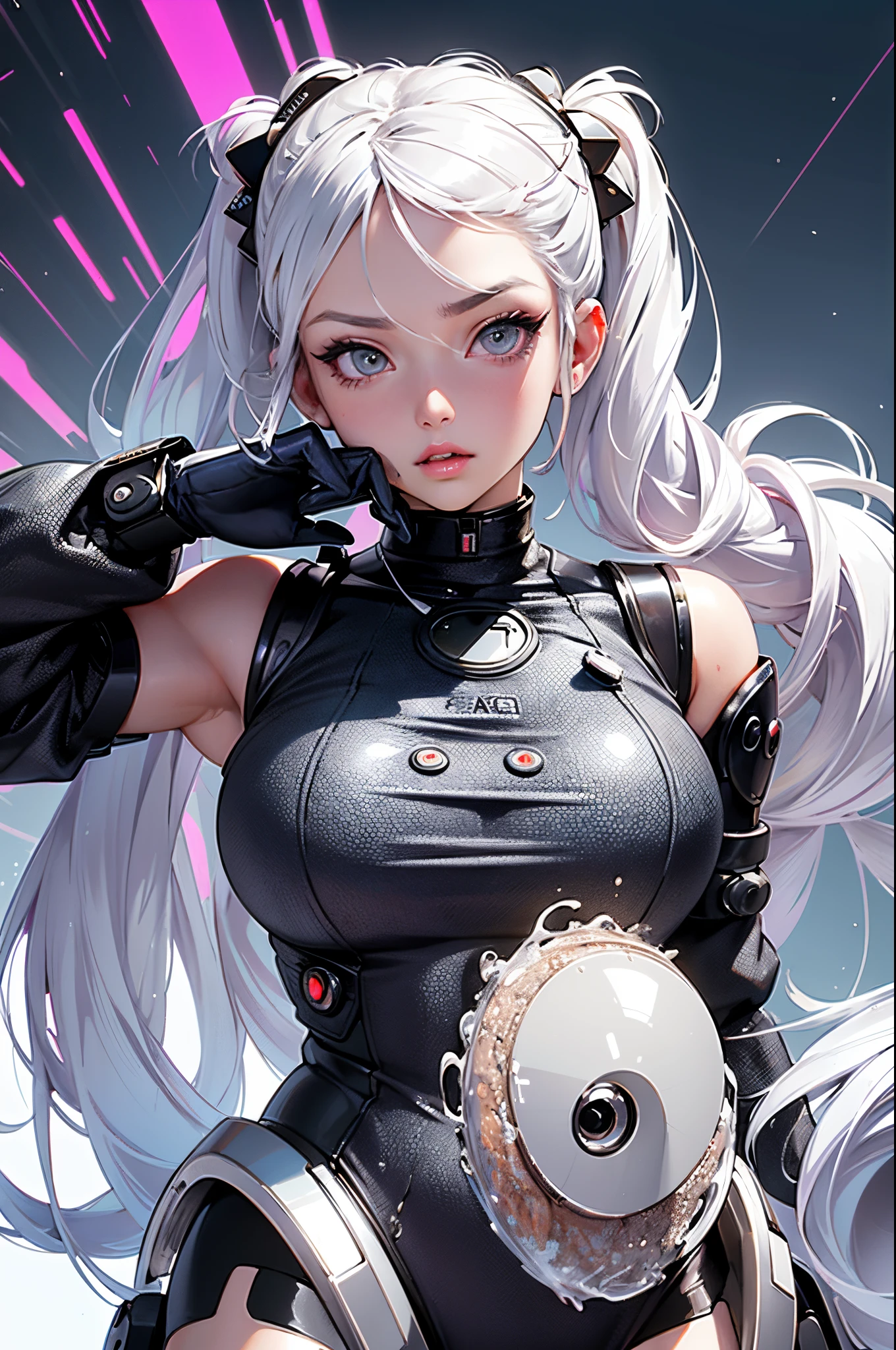 (masterpiece, best quality, ultra-detailed, best shadow), (beautiful detailed face:1.3), illustration, 1girl, solo, shiny, reflective, white hair woman with piercings and piercings, goth girl aesthetic, portrait of kim petras, she looks like a mix of grimes, 22 - year - old goth girl, grunge aesthetic!!!, grunge aesthetic, goth aesthetic, pale goth beauty, looks like a mix of grimes, pastel goth aesthetic, grunge aesthetic!!! latex, curvy body, bodysuit, demon girl, white horns, big breast, sexy body, white hair, white horns, pointy ears, freckles, blue eyes,  RAW, 8K, UHD, candid, art style by Artgerm, by nine_(liuyuhao1992), by Yusuke Murata