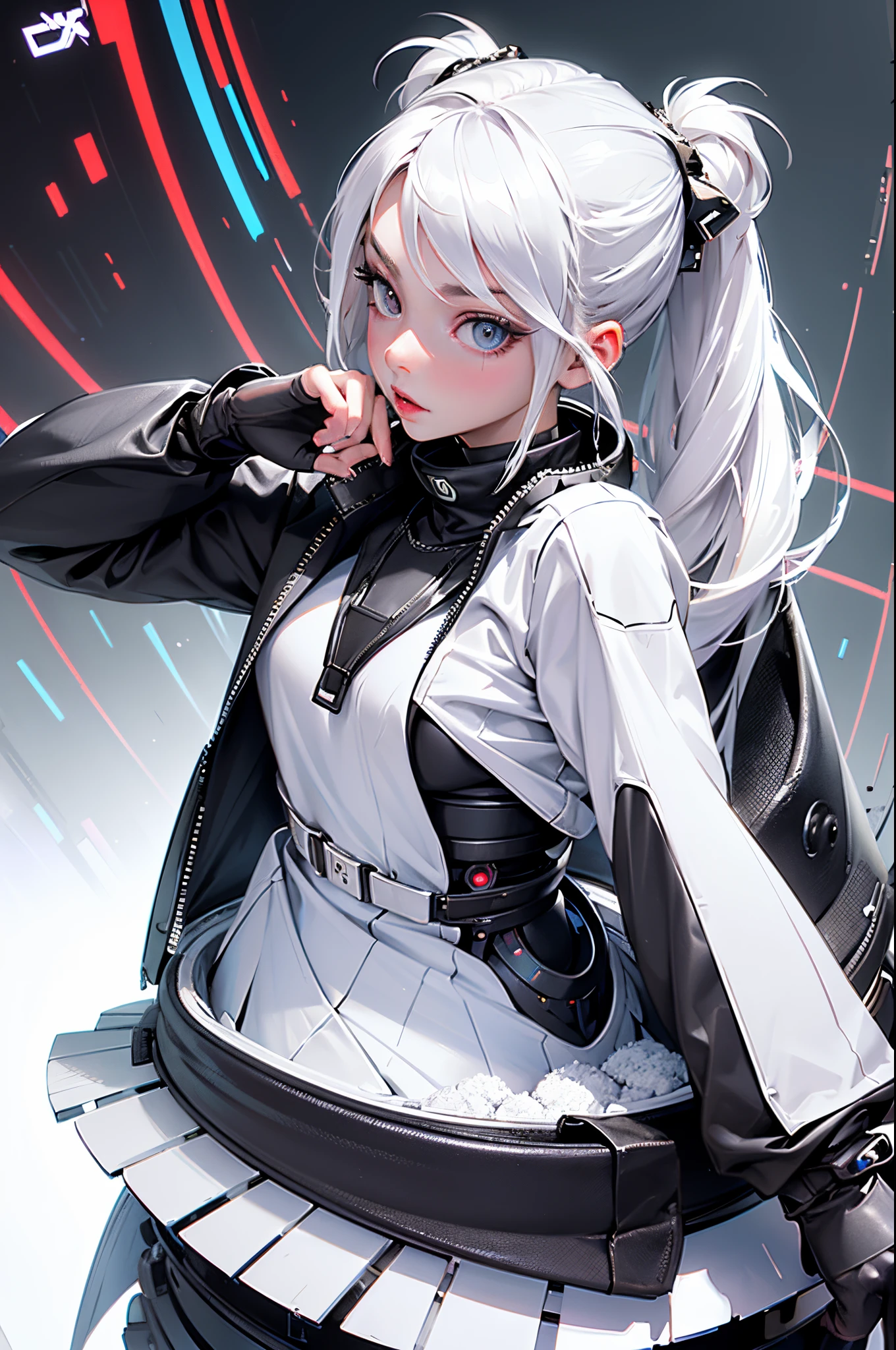 Beautiful young girl looking at camera, ((fish eye photo)), Perfect and detailed face shape, Cyberpunk blurred background, Futuristic cyber soldier costume, Underwear, exquisite skin masterpiece, Hard protrusion, eechi, Young robot lolita girl,Shoot from above, Perfect legs, Perfect arm, perfect eye, ((Long white hair tied into two ponytails)), huge size eyes,