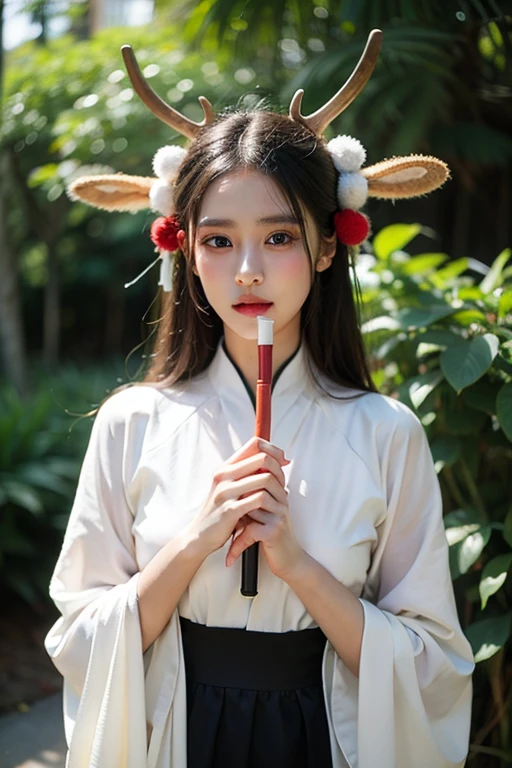 (4k画质)(tmasterpiece)(best qualtiy)(A high resolution)one-girl，Antler headdress，Hanfu，full bodyesbian，Holding an oil umbrella in hand，Clear face，Clean eyes