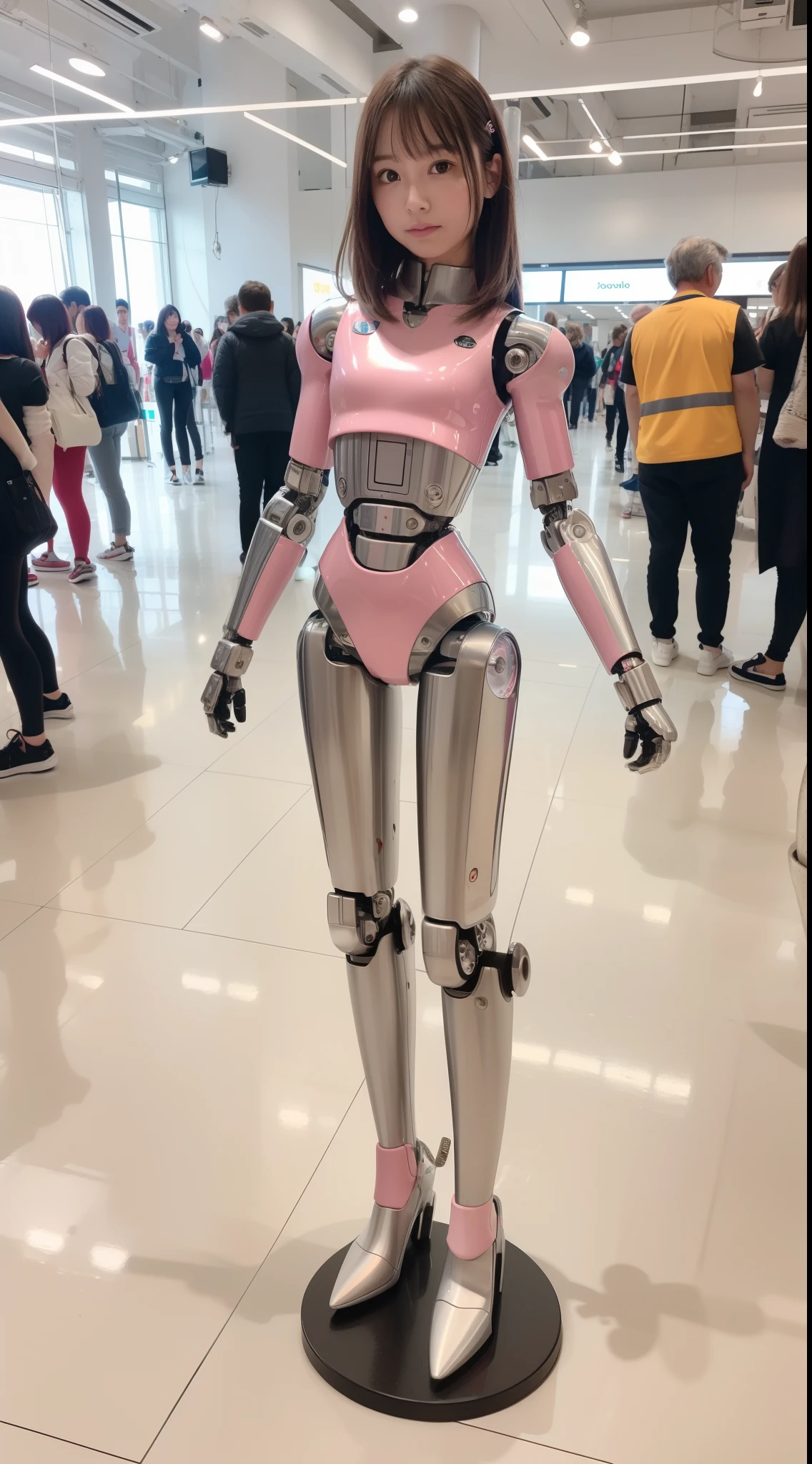 Robot Girl, pink there, Silver, Metallic body, Robot Parts, Metal Parts, Super Detailed Face, Super well-formed face, of the highest quality, a small face, a small head, Brown hair, Slender body, Camera gaze, Internal Mechanical Exposure, Idol, front facing, Well-proportioned body, sale, Exhibited, Event Hall, Moe Pose, Standing with legs open, Model body type, sad, Embarrassing,(Perfect Robot Girl),(Perfect machine body)