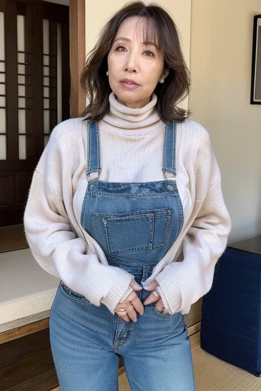(((1 Japanese 58 year old mature woman))), ((Sagging under the eyes)),(((nasolabial folds))),独奏,masutepiece, Best Quality, Photorealsitic, super detailed skin, Sharpen, Perfect Anatomy,((Sea view hill)),Anatomy,独奏,Longhaire,((old body)), (((Sagging udder))) (thick waist),(flabby body)(,Plump body),bunk butt,Serious look,Mature AV Actress, glamor, A sexy,(((Fair skin with many wrinkles))),small diamond necklace,tight black turtleneck sweater, Puffy nipple、Tight jeans pants, jaket、,Staring at this,