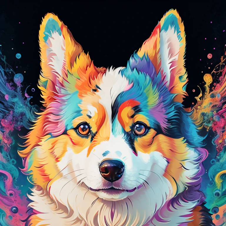 yang08k, a close up of a corgi's face with a colorful design, beautiful head, full of colors and rich detail, digital art animal photo, bright colors highly detailed, psychedelic art style, beautiful art uhd 4 k, stunning artwork, detailed digital artwork, morphing dog head, art of alessandro pautasso, digital art highly-detailed