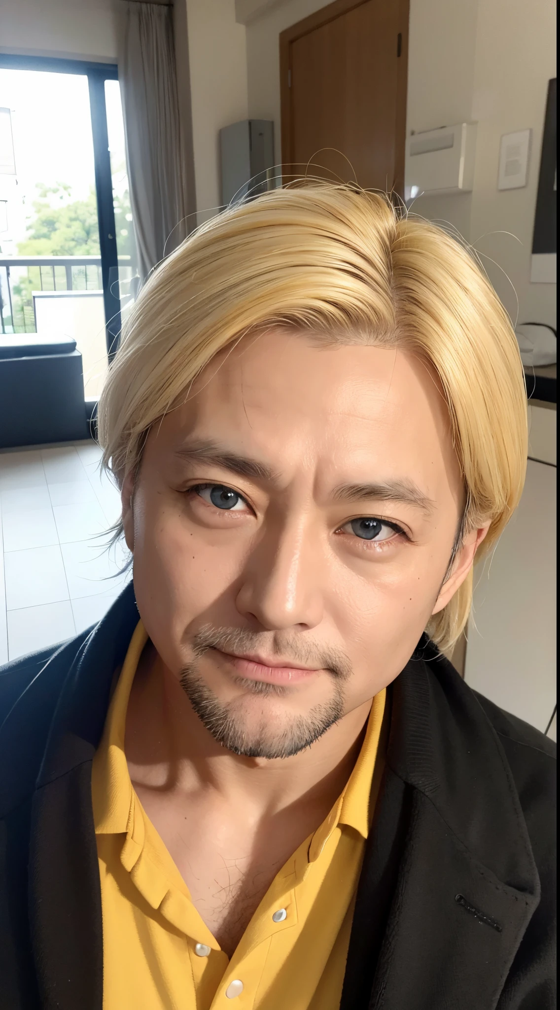 a blond、yellow eyes、man in his 50's