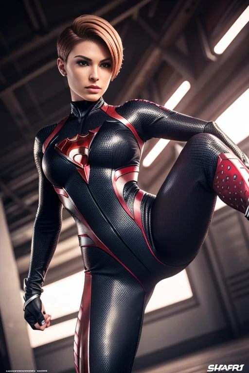 4k highly detailed realistic female superhero dressed in cropped carbon fiber, strawberryblonde short undercut bob hairstyle, ((sharp Jawline)), (full body Including Legs), Seduction and fantastic poses