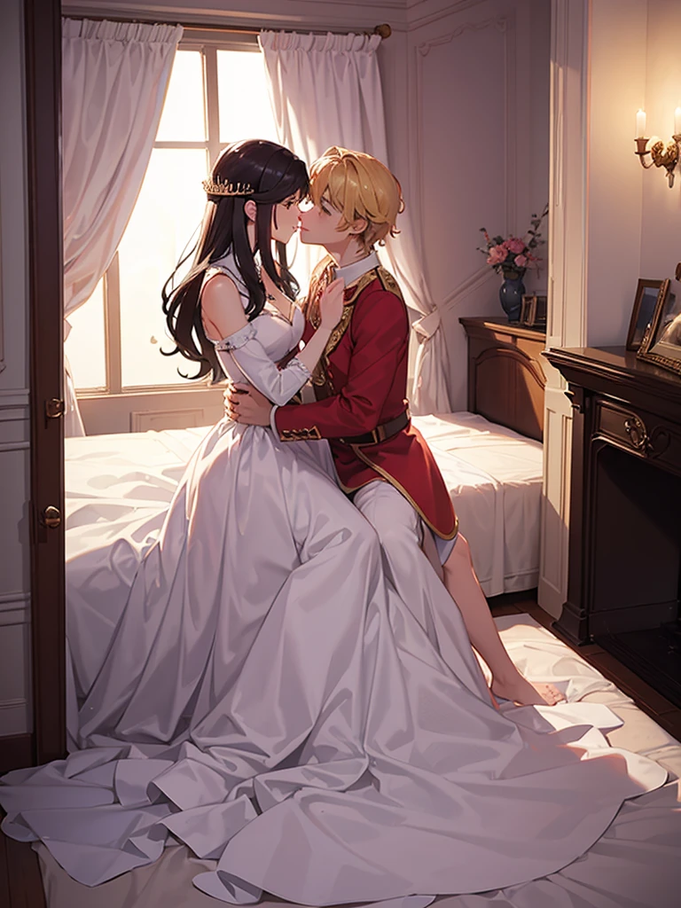 A submissive female knight with long red hair and green eyes and freckles kneels in front of a beautiful blonde princess wearing a ballgown, mature women, undressing, sexual tension, volumetric lighting, royal bedroom, medieval, night, vivid, beautiful painting, 8k