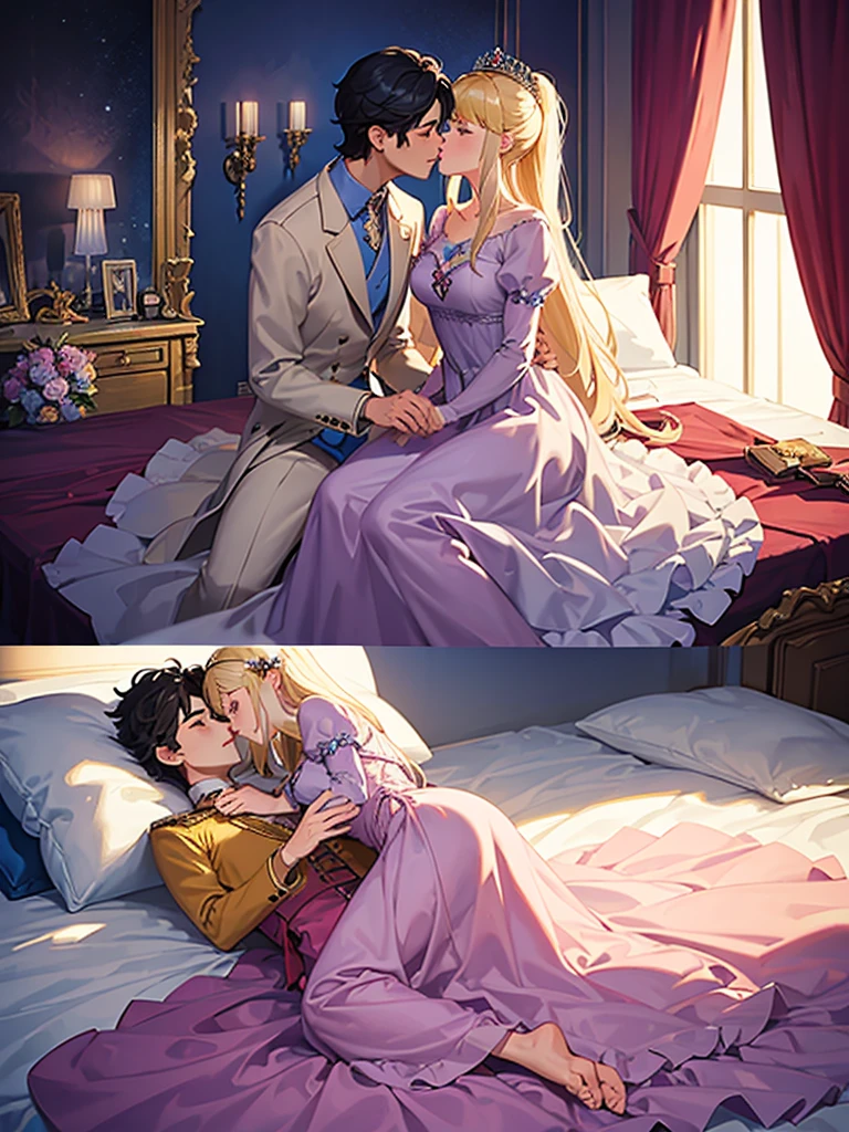 A prince and princess kissing in a bedroom on the bed.highly realistic,ultra sharp,masterpiece,8k.