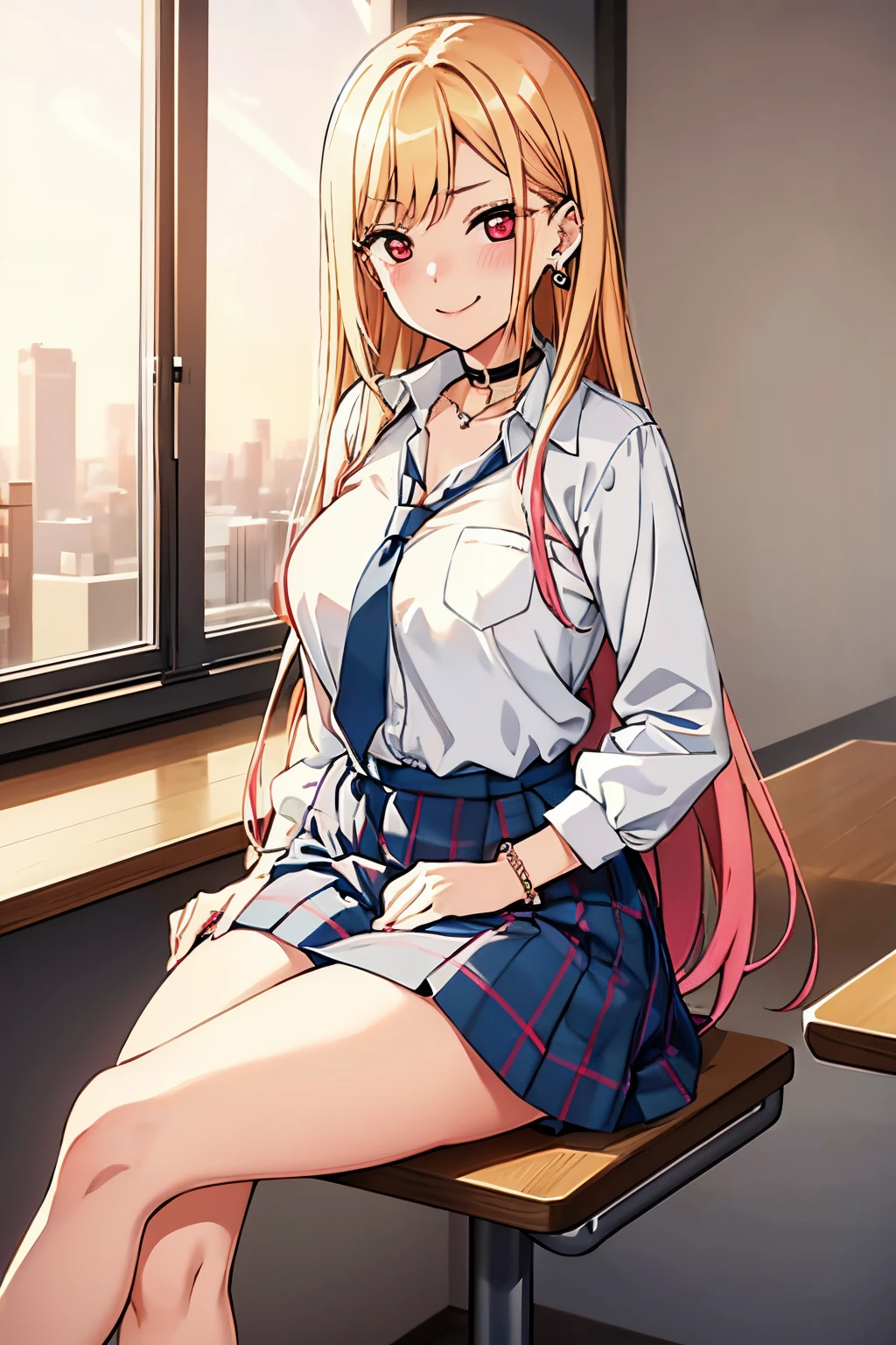 Masterpiece, Best Quality, High Resolutions, Kitagawa Marin, 1girl, alone, blonde hair, Long hair, hair with pink tips, red eyes, jewelry, necklace around the neck, choker, school uniform, white collared shirt, shirt long sleeve, dark blue tie, blue skirt plaid, short skirt, bare legs, gal, brown loafers, black stockings, cleavage, ear piercings, large breasts, medium waist, medium hips, wide thighs, bracelet, classroom, sitting at desk, legs crossed, smile ,mouth closed, seductive, embarrassed, excellent hands, excellent anatomy, sunny, sunset, good lighting