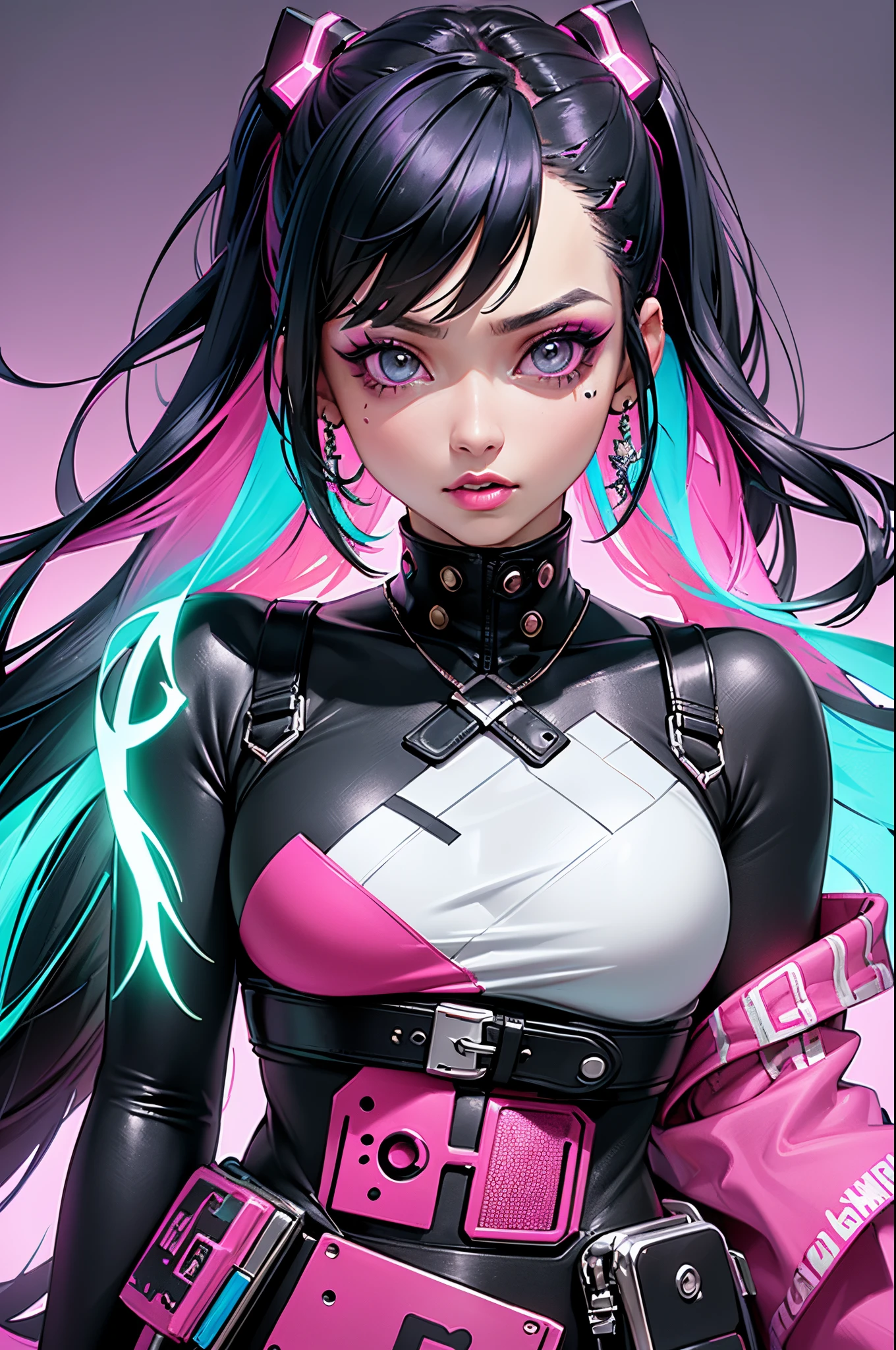 tmasterpiece, Best quality at best, Confident cyberpunk girl, cow boy shot, ((Neon Trimmed Harajuku Style Trendy Clotheold colors and patterns, eye-catching accessories, Stylish and innovative hairstyle, Vibrant makeup, Cyberpunk's dazzling cityscape, skyscrapper, (glowing neon sign), (Correct and vivid color scheme for glowing LED lights, insanely details, beautiful detailed face, Complicated details, ultra - detailed.