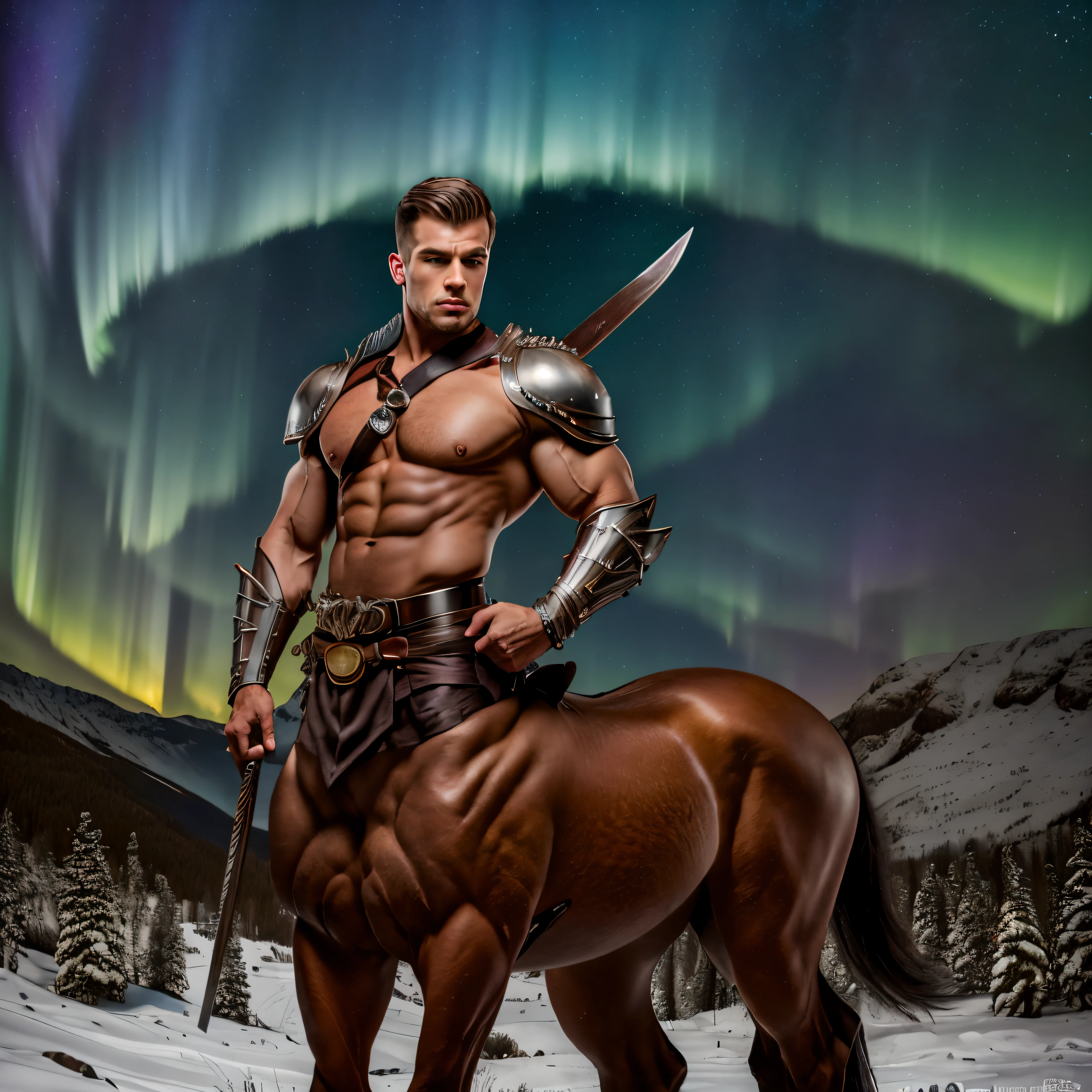 High resolution, handsome man, (Green short hair), (((male centaur))), ((bodybuilder)), ((very muscular)), ((broad chest)), ((thick pectorals)), abs, (((small waist))), ((big biceps)), ((large )), ((glans)), ((testicles)), ((nipple piercings)), snowy mountain, pine trees, aurora borealis, night sky, (veiny horse :1.0), extra arms, ExtraArms, tanned skin, erection, flaccid , erected , mature, dapper, stubbles, undercut hairstyle, (((solo))), steam4rmor, wearing steampunk knight armor, holding sword, tight shirt, shirt and tie, business suit, black horse body,