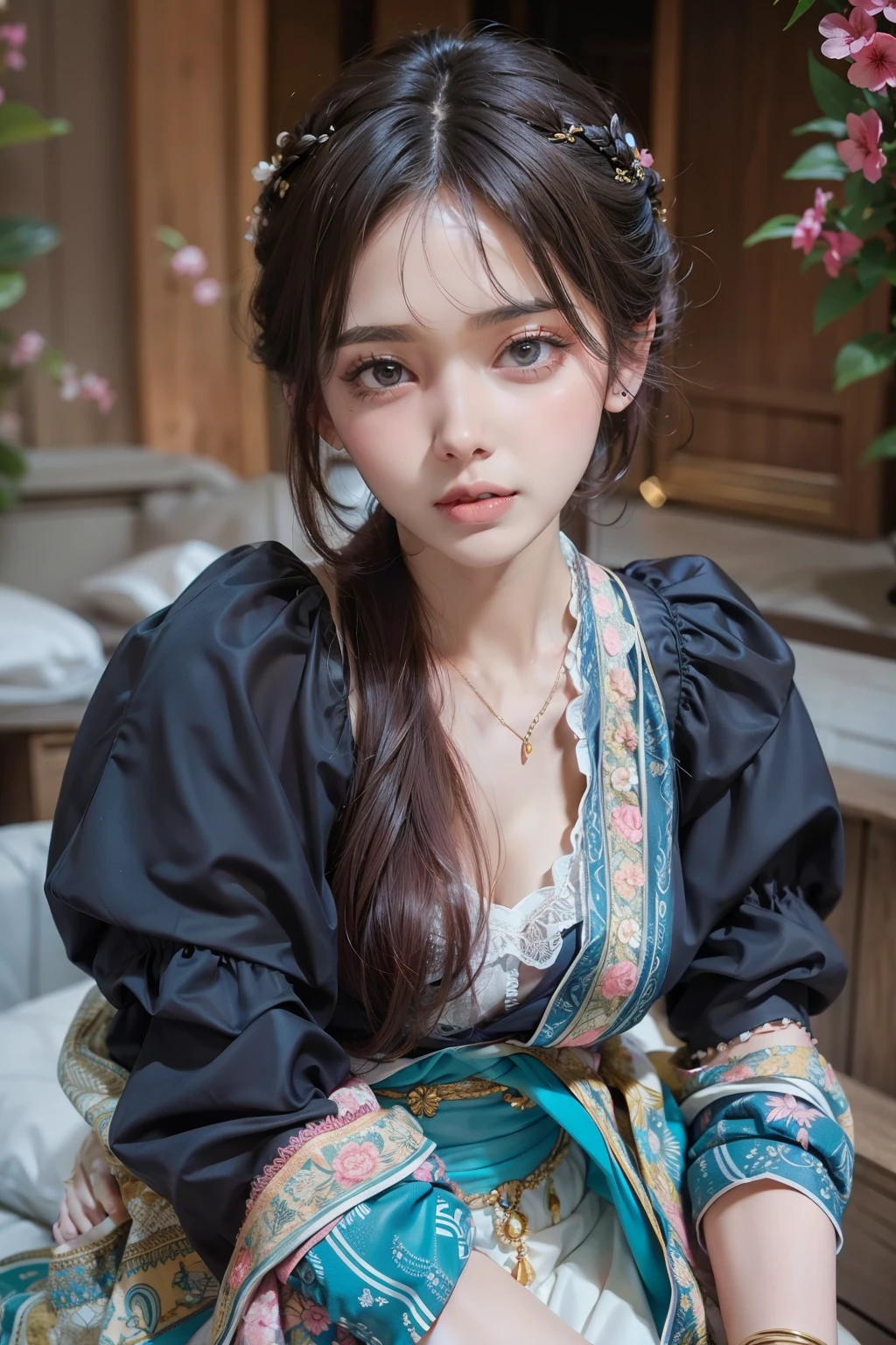 Beauty with patterned hair off shoulder Sheer Blouse off shoulder pink sheer Clothes are sheer barechested