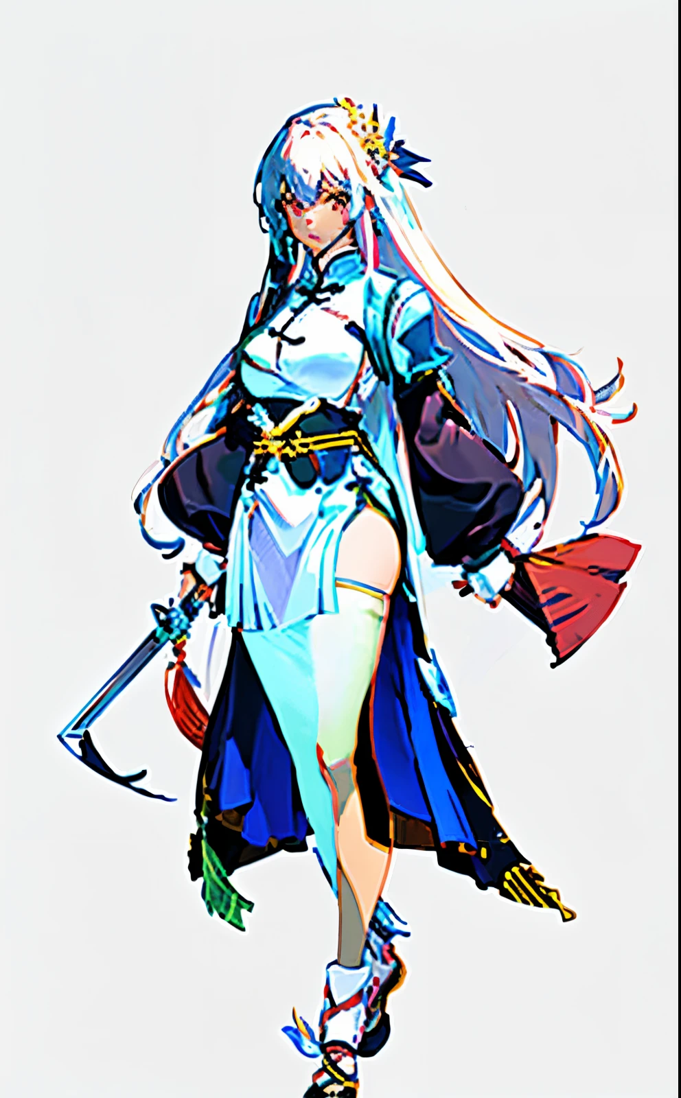 Pixel art close-up of a woman holding a sword, 3, white-haired god, 2D sprites, visual novel sprite, full body sprite, white haired lady, Tifa Lockhart white hair, Natalie in epic battle fantasy, Humanity :: hag, best quality, 1girl,(white/blue/red/black/green/pink/yellow chinese shirt),(white/blue/red/black/green/pink/yellow chinese long skirt), long hair, black hair, upper body, cowboy shot, looking at viewer,standing, dancing, (smile:0.5),outdoors, chinese style countryard,