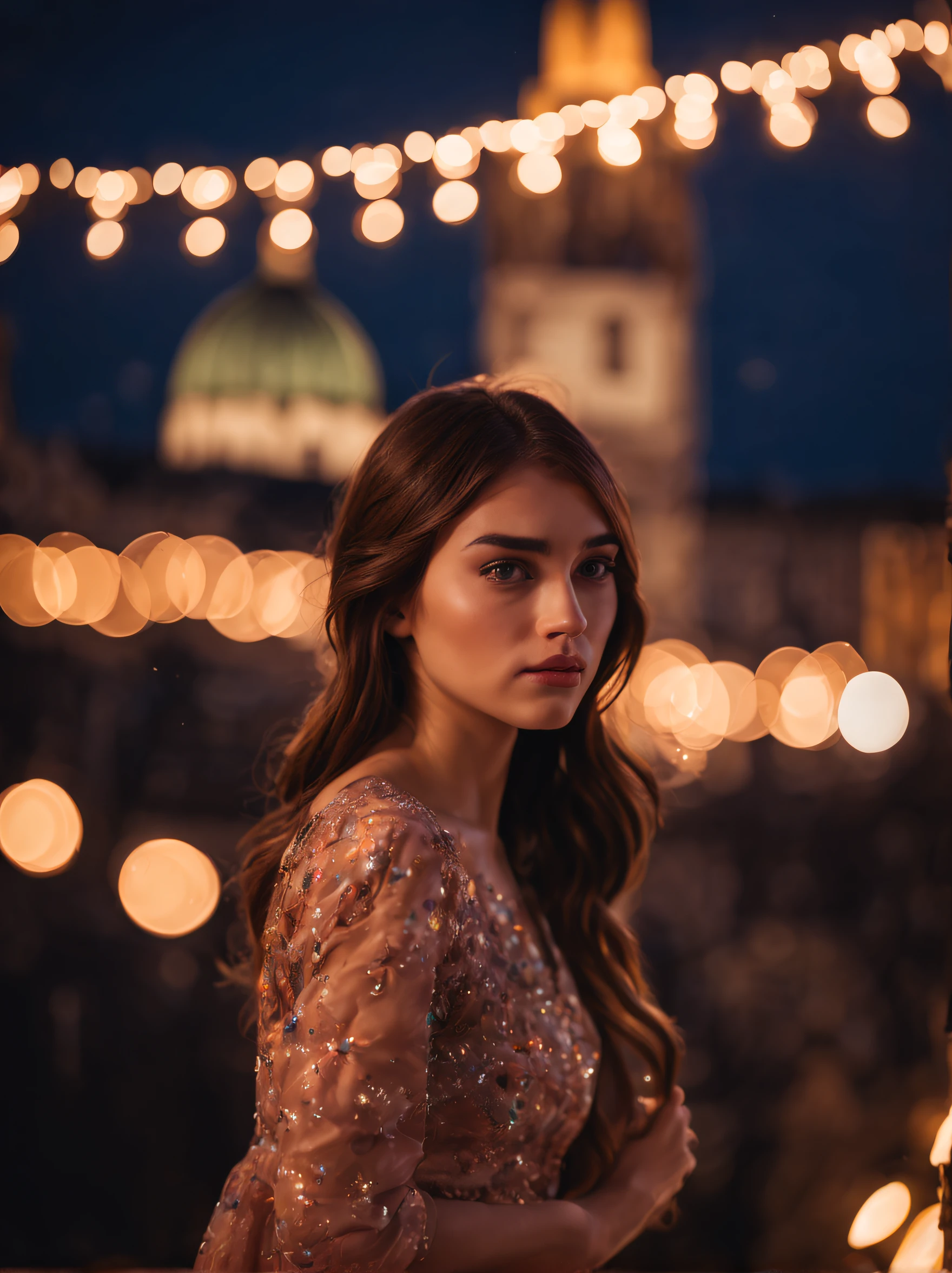 1girl, 20 years old, a beautiful girl ((looking at the night sky)), wearing an elegant and long dress, firework, a flame embroidered in the night sky, windy, prague, castle seen in the background, movie scene, cinematic light, very dark scene, (anamorphic lens bokeh: 1.4), composition from below