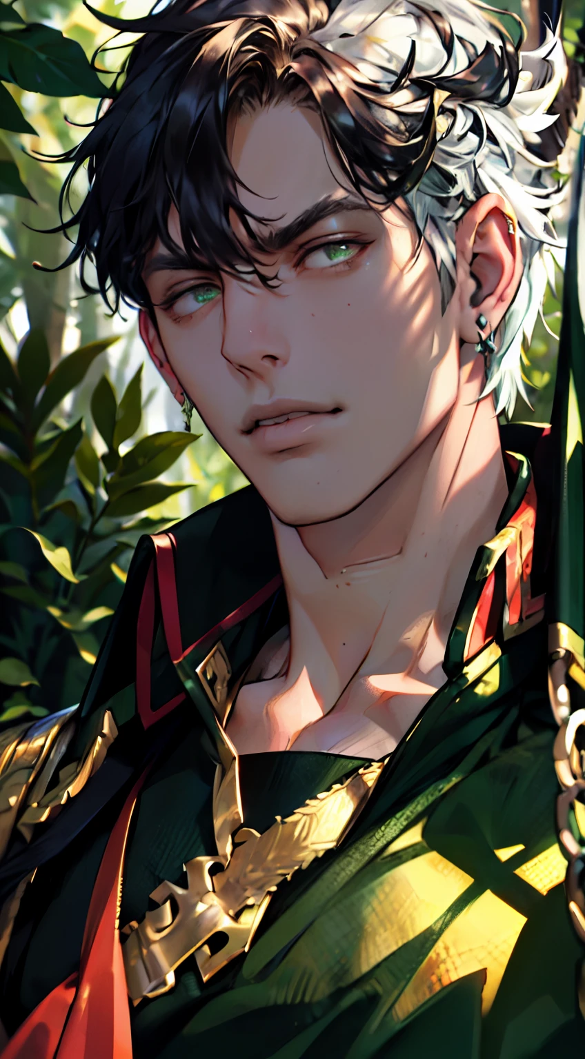 (absurdres, highres, ultra detailed), 1 male, (28 years old male) (((short pointed ears))) , handsome, perfect skin, flawless skin, tall slender guy, fierce green eyes, narrow shoulders, finely detailed eyes and detailed face, messy shaggy black hair, shaggy hair, side bangs, bangs, bangs between eyes, hunk, hunky, green eyes, sexy twink, final fantasy 14, thief, fantasy rouge, waist up, portrait, smug pose expression, arrogant, cinematic, forest bokeh,  dappled light, background, high resolution, 4k, detailed, masterpiece, dd rouge, swashbuckler, roguish, romantic, roguishly handsome, smug,