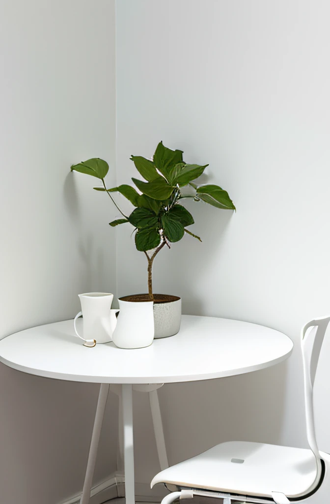 There a white table and a white chair, There a small pot of plants on the table,elegant minimalism, Exquisite structure, inspired by Constantin Hansen, smooth panelling, product photograph, author:Rainer Maria Ratzke, and beautiful, Dezeen showroom, Scandinavian, Simplified design, author:Deere Damello, by Caspar Wolf