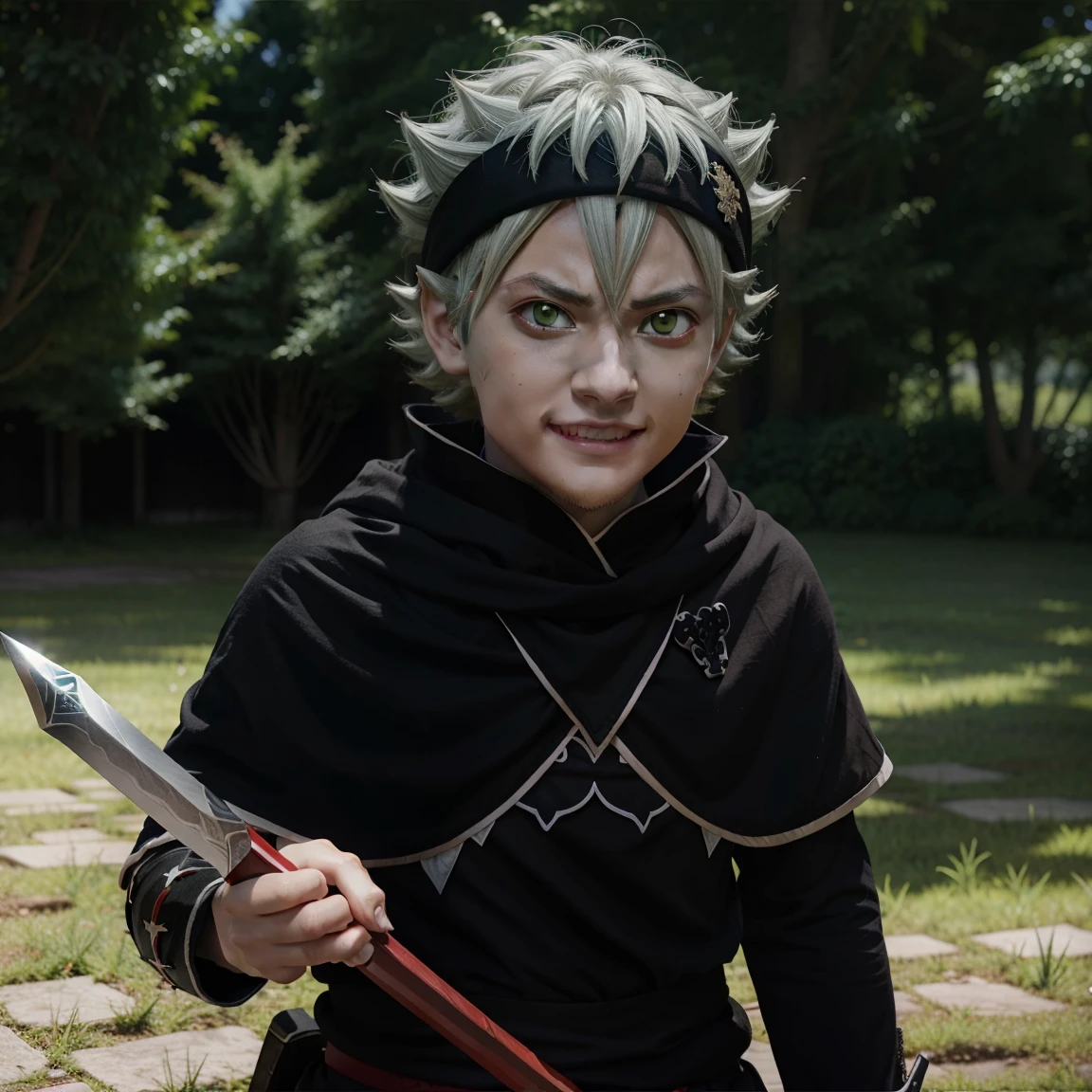 Asta, BlackCover Anime, white hair, smile, one eye is green and the other is red, he has a long sword in his hand, a drawing of a man with red eyes, screenshot from black clover, otaku gangasta, killua zoldyck, killua zoldyck portrait, demon slayer, ufotable studio art style, killua zoldyck black hair, kimetsu no yaiba, kentaro miura!, anime epic artwork, ufotable art style