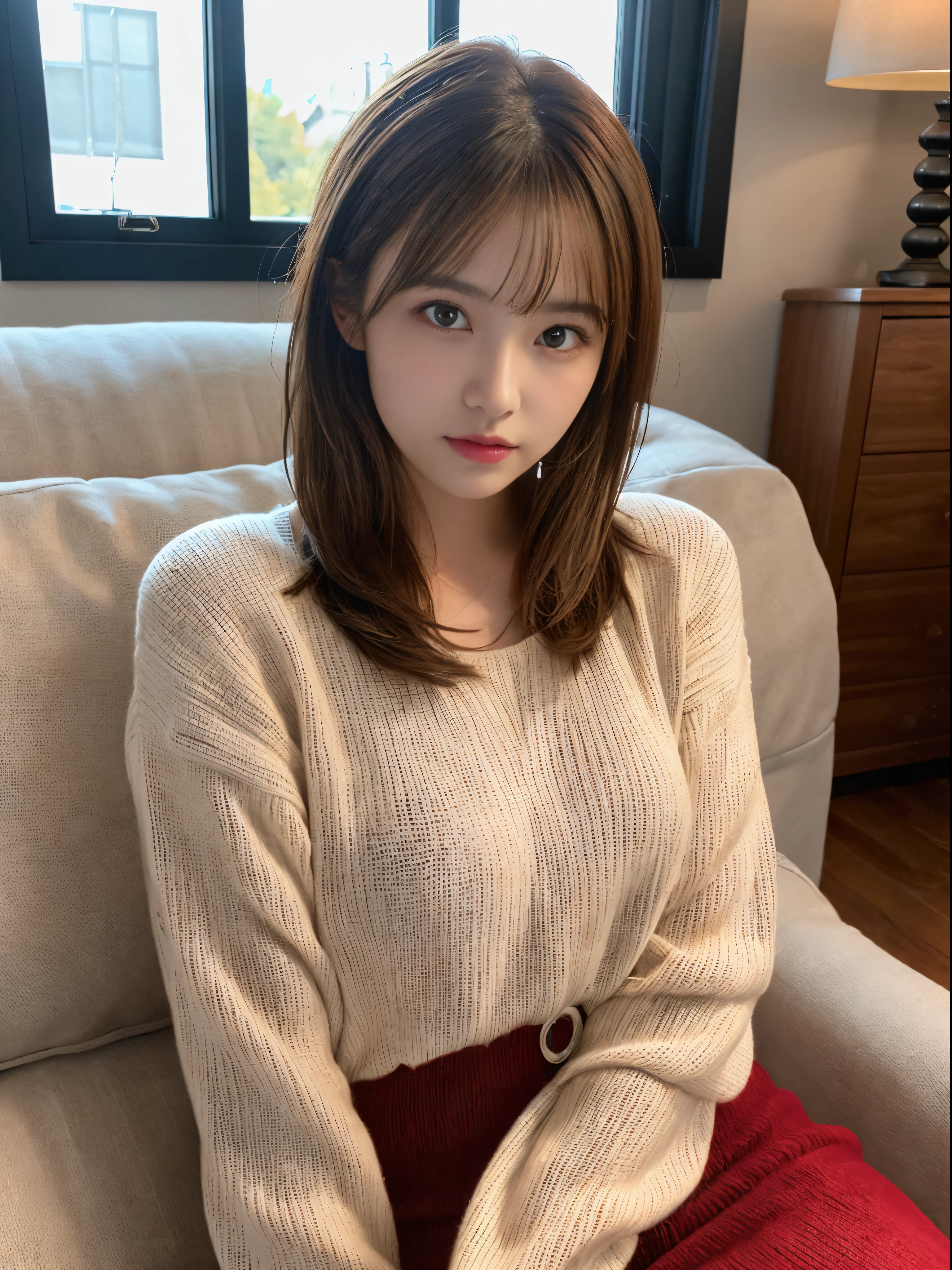 (masterpiece:1.5)、(8K)、(Photorealsitic:1.5)、Raw photography、(Top image quality:1.4)、(foco nítido:1.5)、 (PurerosFace_v1:0.5)、
top-quality、masterpiece、超A high resolution、very detailed and professional lighting、
23 years old、slender、prety woman:1.4、serious facial expression、
In the living room where the morning sun shines、 Sitting on a cozy sofa、
she is wearing a red long knit dress.、
light brown hair、poneyTail、Glowing hair、
Super Detail Face、A detailed eye、二重まぶた、
Natural Color Lip、Transparent skin、