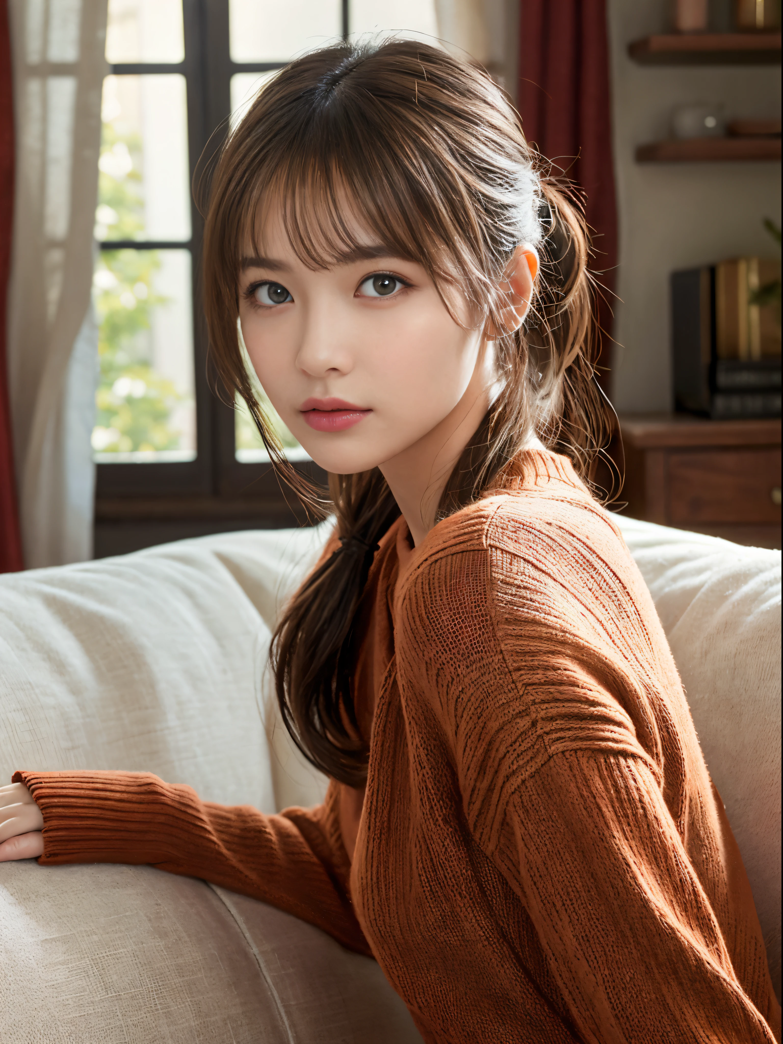 (​masterpiece:1.5)、(8K)、(Photorealsitic:1.5)、Raw photography、(Top image quality:1.4)、(foco nítido:1.5)、 (PurerosFace_v1:0.5)、
top-quality、​masterpiece、超A high resolution、very detailed and professional lighting、
23 years old、slender、prety woman:1.4、serious facial expression、
In the living room where the morning sun shines、 Sitting on a cozy sofa、
she is wearing a red long knit dress.、
light brown hair、poneyTail、Glowing hair、
Super Detail Face、A detailed eye、二重まぶた、
Natural Color Lip、Transparent skin、