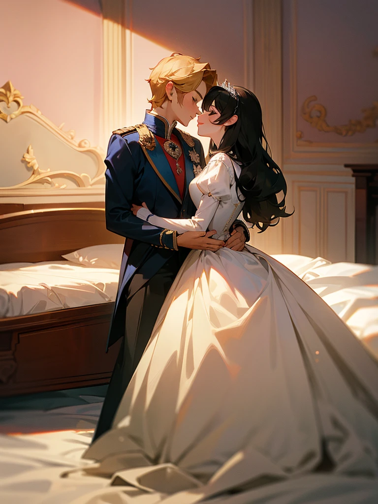A prince and princess kissing in a bedroom on the bed.highly realistic,ultra sharp,masterpiece,8k.