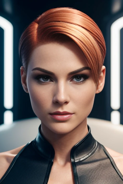 4k highly detailed realistic female supervillain, strawberryblonde short undercut bob hairstyle, ((sharp Jawline)), (full body Including Legs), Seduction and fantastic poses
