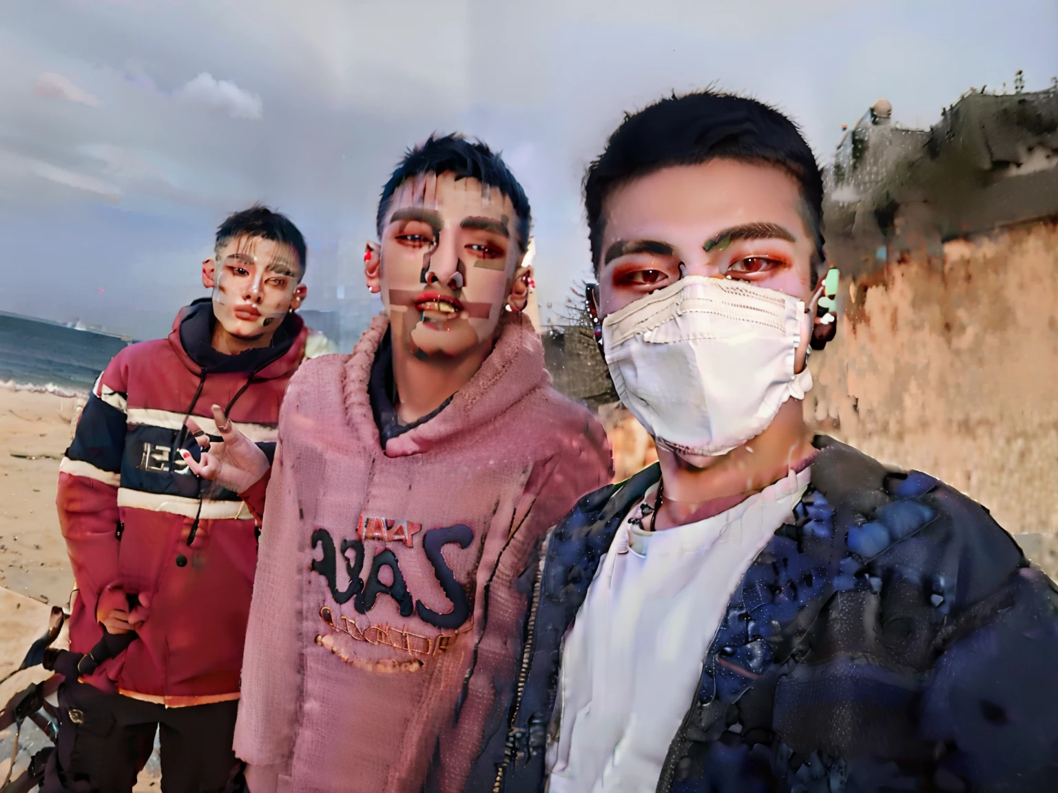 three men wearing masks standing next to each other on a beach, some of them use gask mask, wearing facemask, people are wearing masks, photo taken in 2 0 2 0, selfie, selfie photo, student, 8k selfie photograph, help me, facebook post, during sunset, south east asian with round face, ash thorp khyzyl saleem