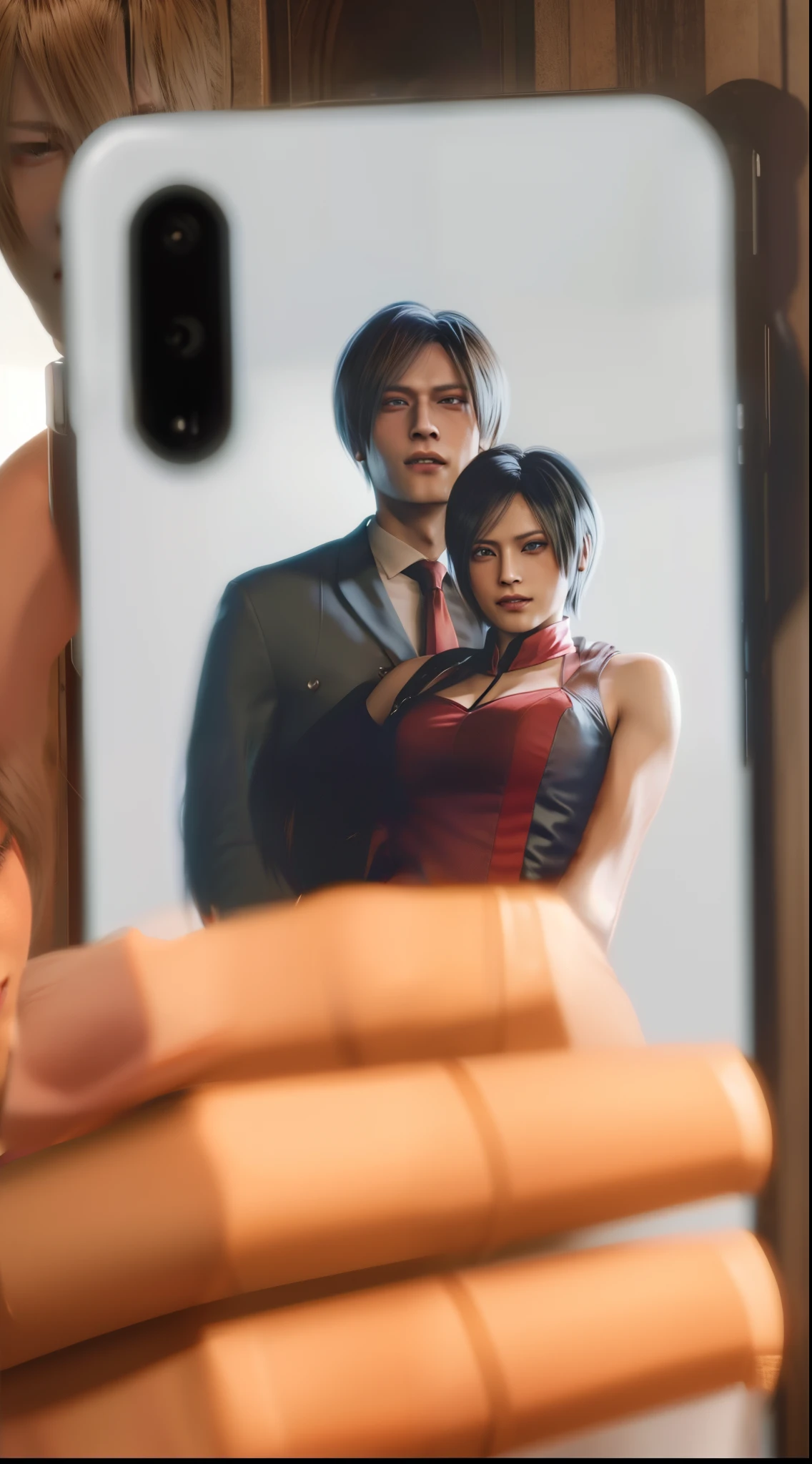 Leon kennedy with ada wong, perfect face, woman, short bang hair, wearing blue suit and red tanktop dress With collar, smile, happy expression, hugging